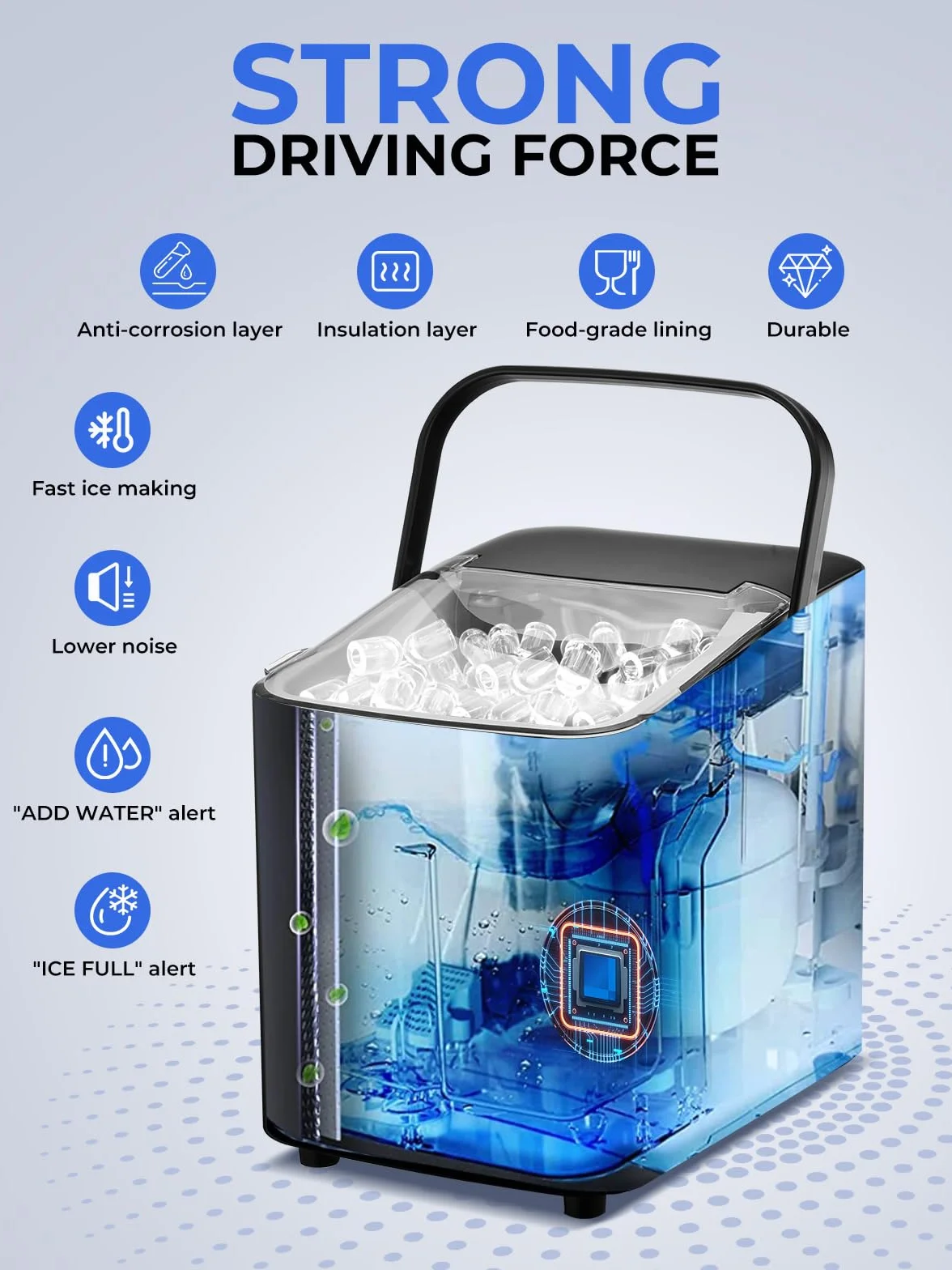 FOHERE Máquina de cubitos de hielo, 14 kg/24h, autolimpiable, 2 tamaños de cubitos, cocina