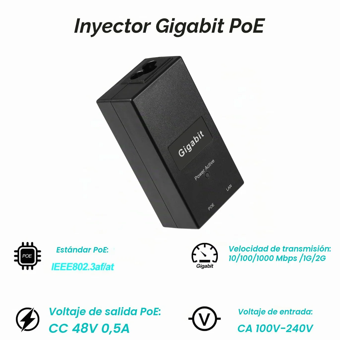 Inyector Gigabit PoE Adaptador, IEEE 802.3af/at Passive PoE+ Output, Potencia Salida 48V 0.5A, Gigabit 10/100/1000 Mbps, para Cámara IP/Ap/PTZ/videoteléfono, Plug and Play (D05A-G)