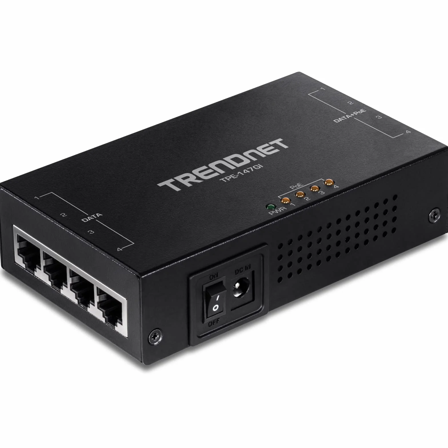 TRENDnet, TPE-147GI, Inyector Gigabit PoE+ de 4 Puertos y 65W | 4 puertos Gigabit (entrada de datos), 4 puertos Gigabit PoE (datos + salida PoE), inyector PoE+ multipuerto de hasta 100 m.