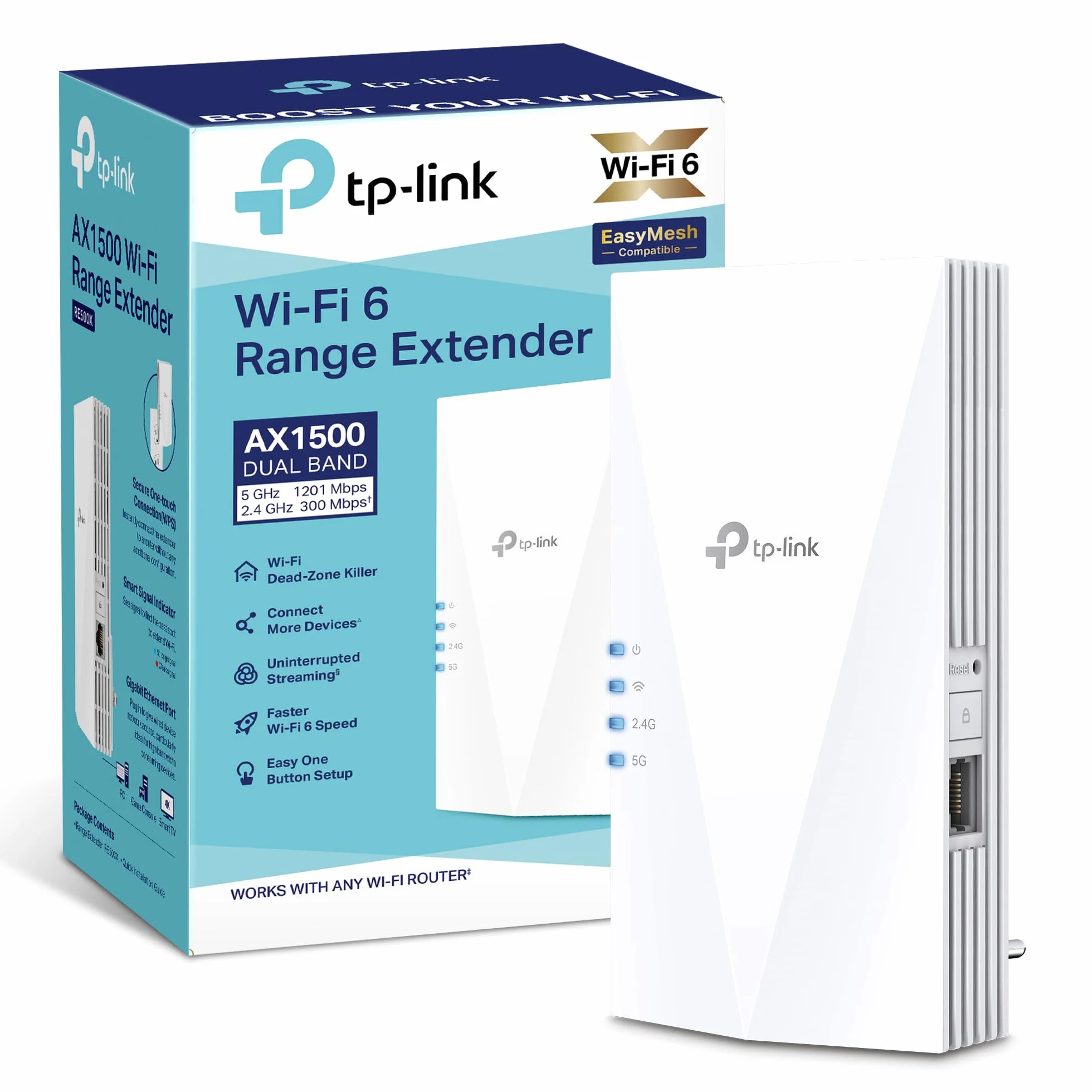 TP-Link RE500X Repetidor WiFi 6 AX1500, Puerto Ethernet Gigabit 10/100/1000, Negro