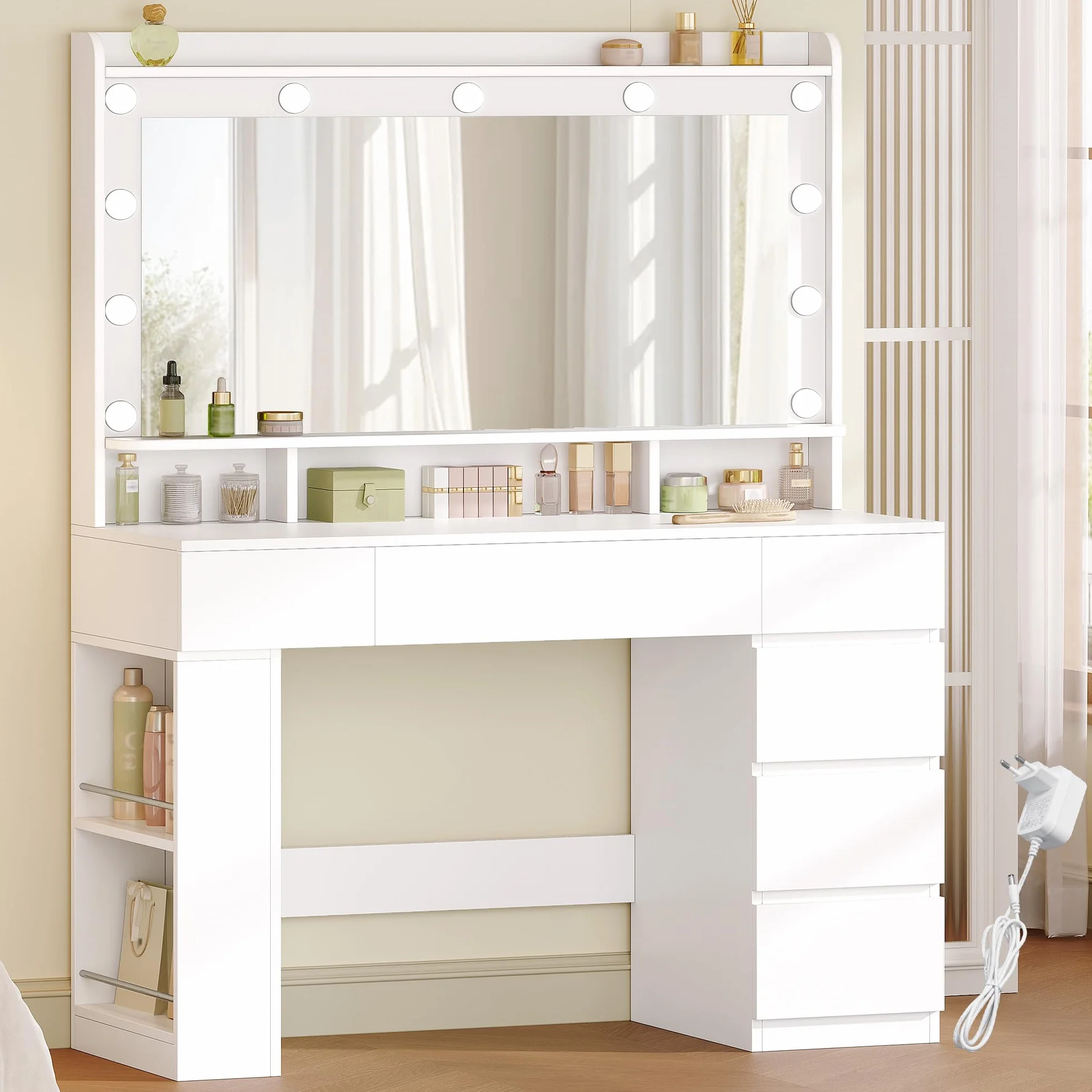 HEXCELEN 108 cm Tocador con Espejo Grande, Tocador de Maquillaje con Luz LED, Mesa de Maquillaje con 6 Cajones y Compartimento de Almacenamiento Lateral Abierto, Blanco