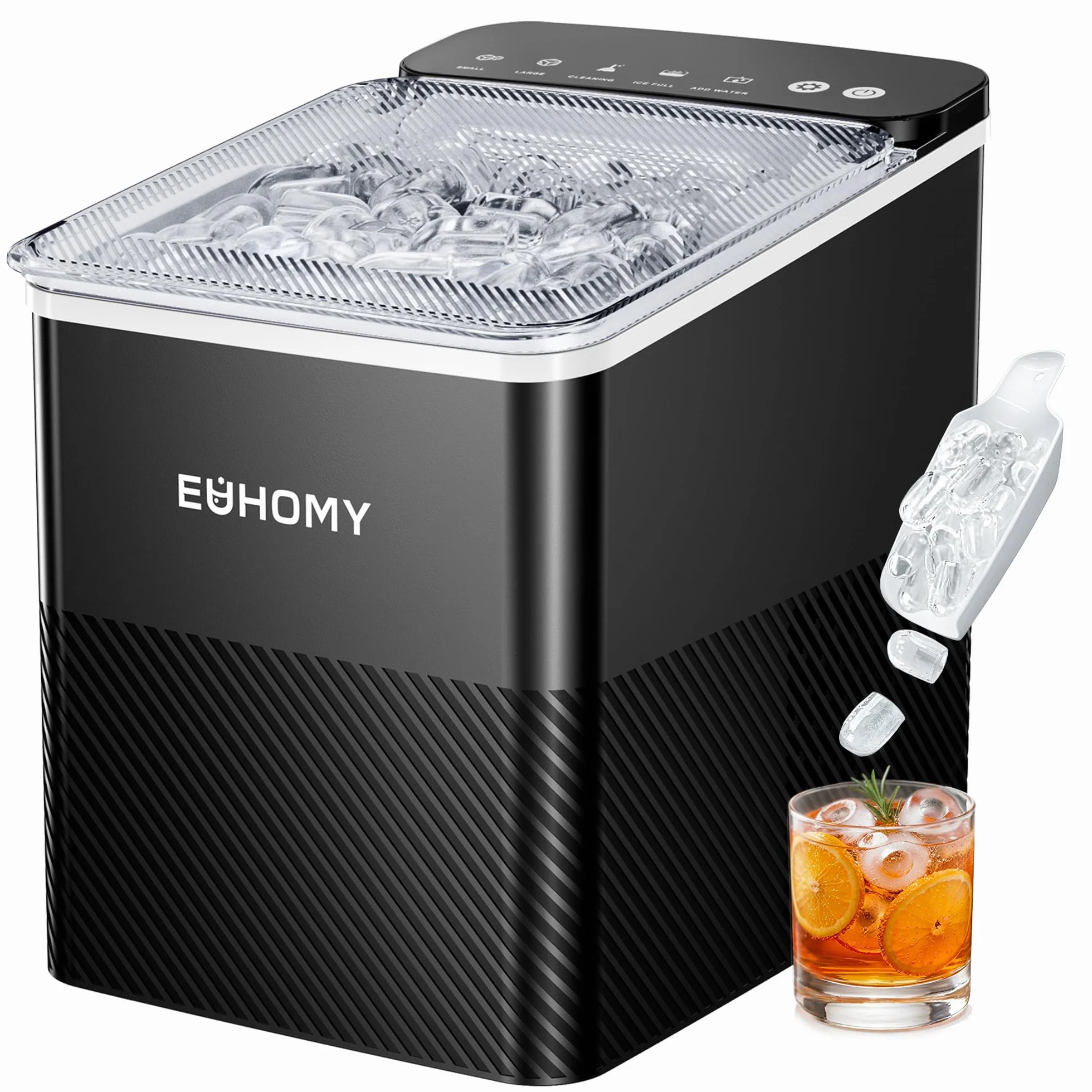 EUHOMY Máquina de hielo compacta, 9 cubitos, 2 tamaños, limpieza automática, negro