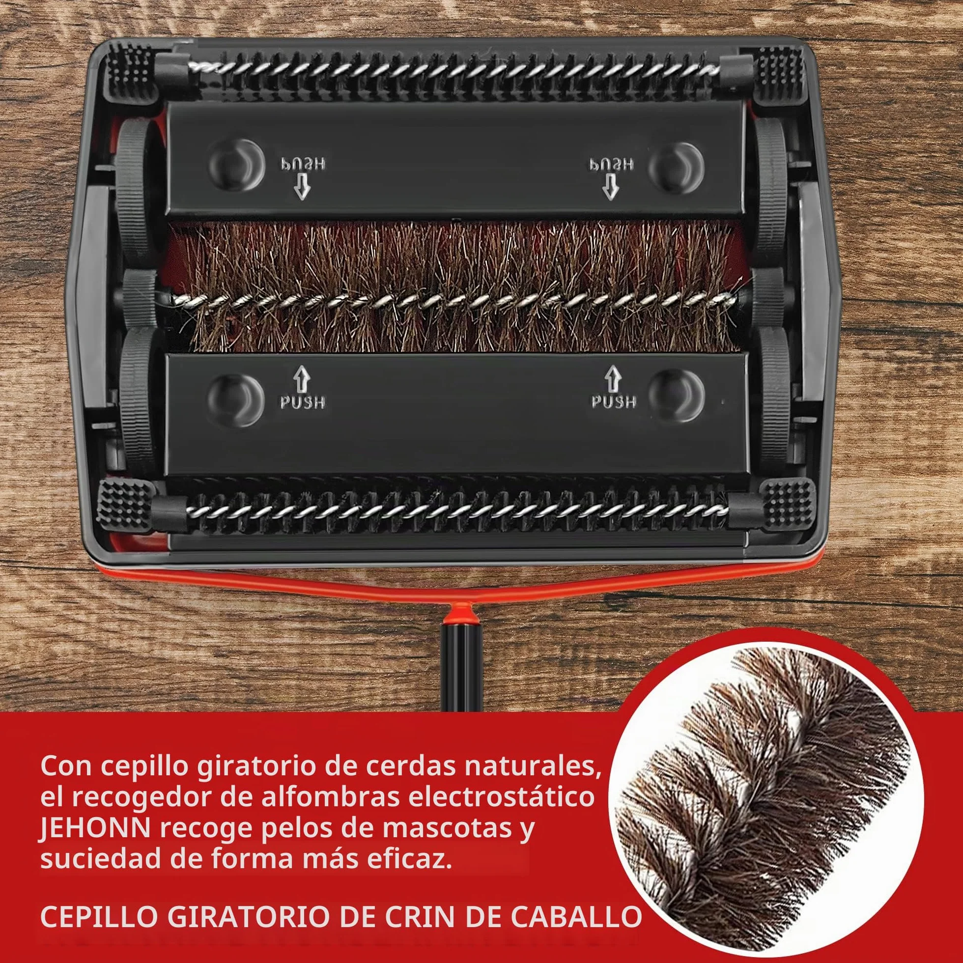 JEHONN Barredora Manual de Tapetes Cepillo de Crin de Caballo para Pelos de Mascotas Rojo