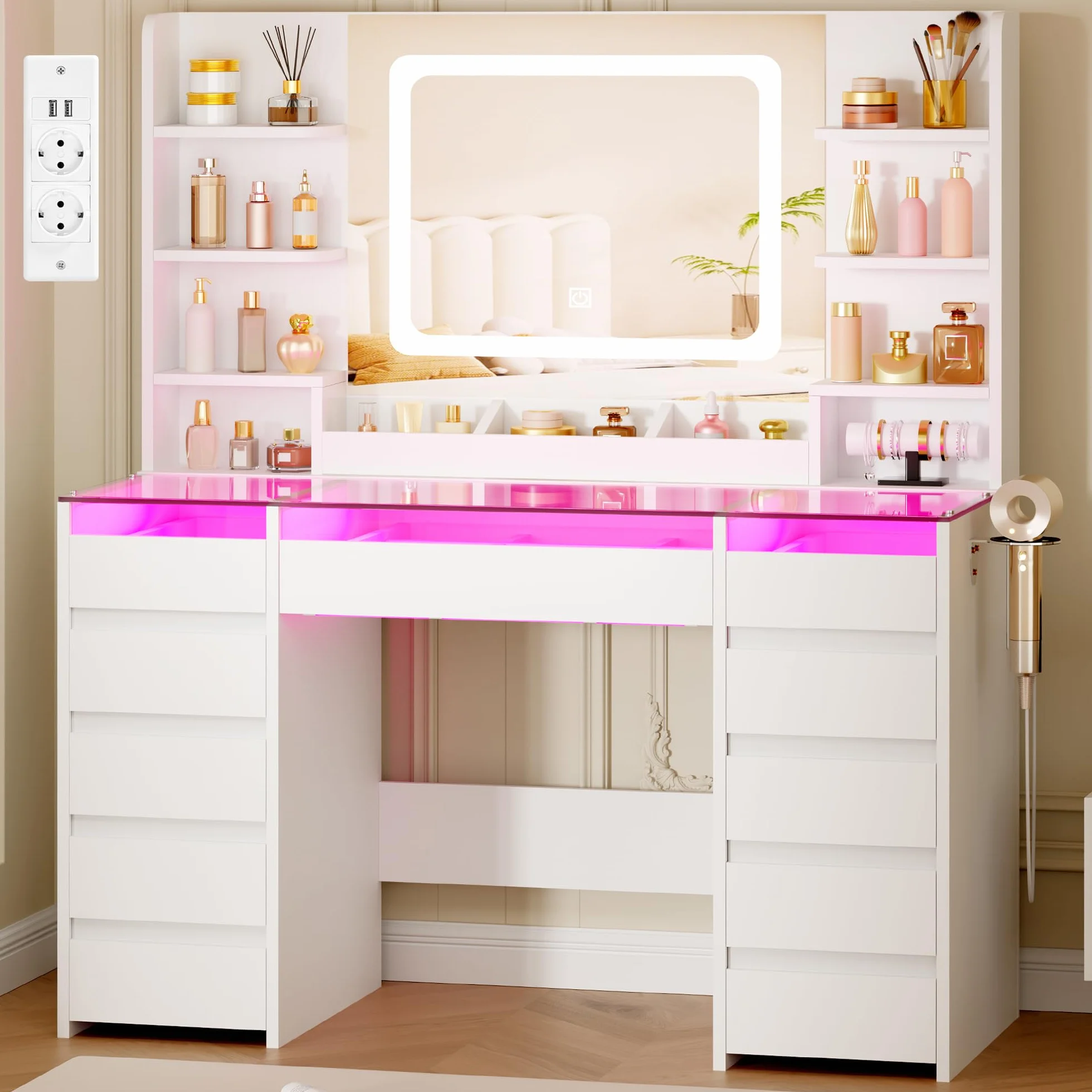 BEWISHOME Tocador de Maquillaje con Espejo y Luces LED, Mesa de Maquillaje con Cubierta de Vidrio Transparente, 11 Cajones RGB, 6 Estantes, Tocador Maquillaje con Enchufes Moderno Blanco EFST57W