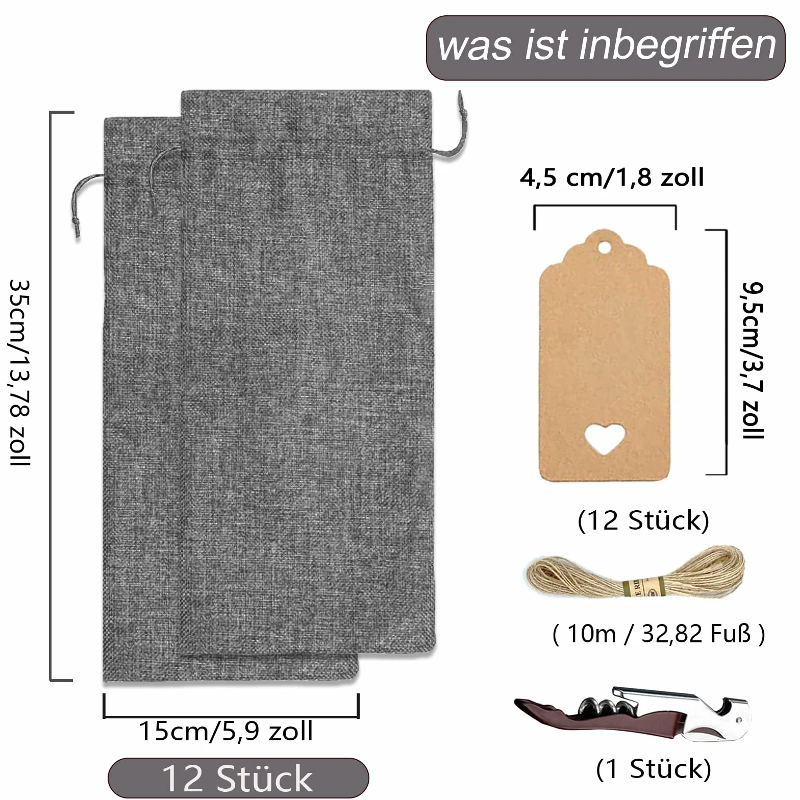 Bolsas de lona para vino con cordón, reutilizables (Gris)
