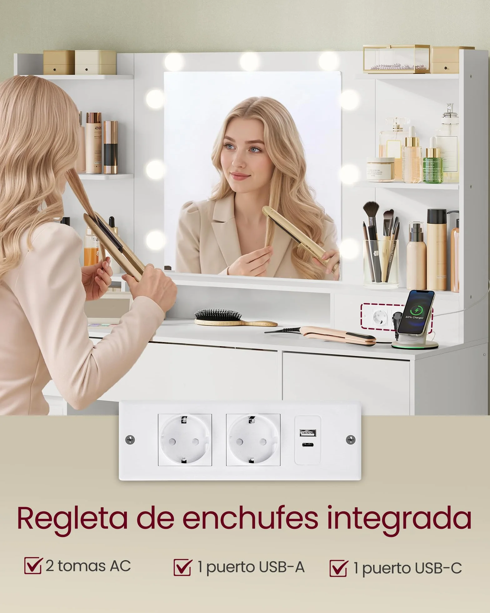 VASAGLE Kailyn Tocador con Espejo LED Regleta 9 Cajones Bombillas Regulables Iluminación 3 Colores Blanco Nube