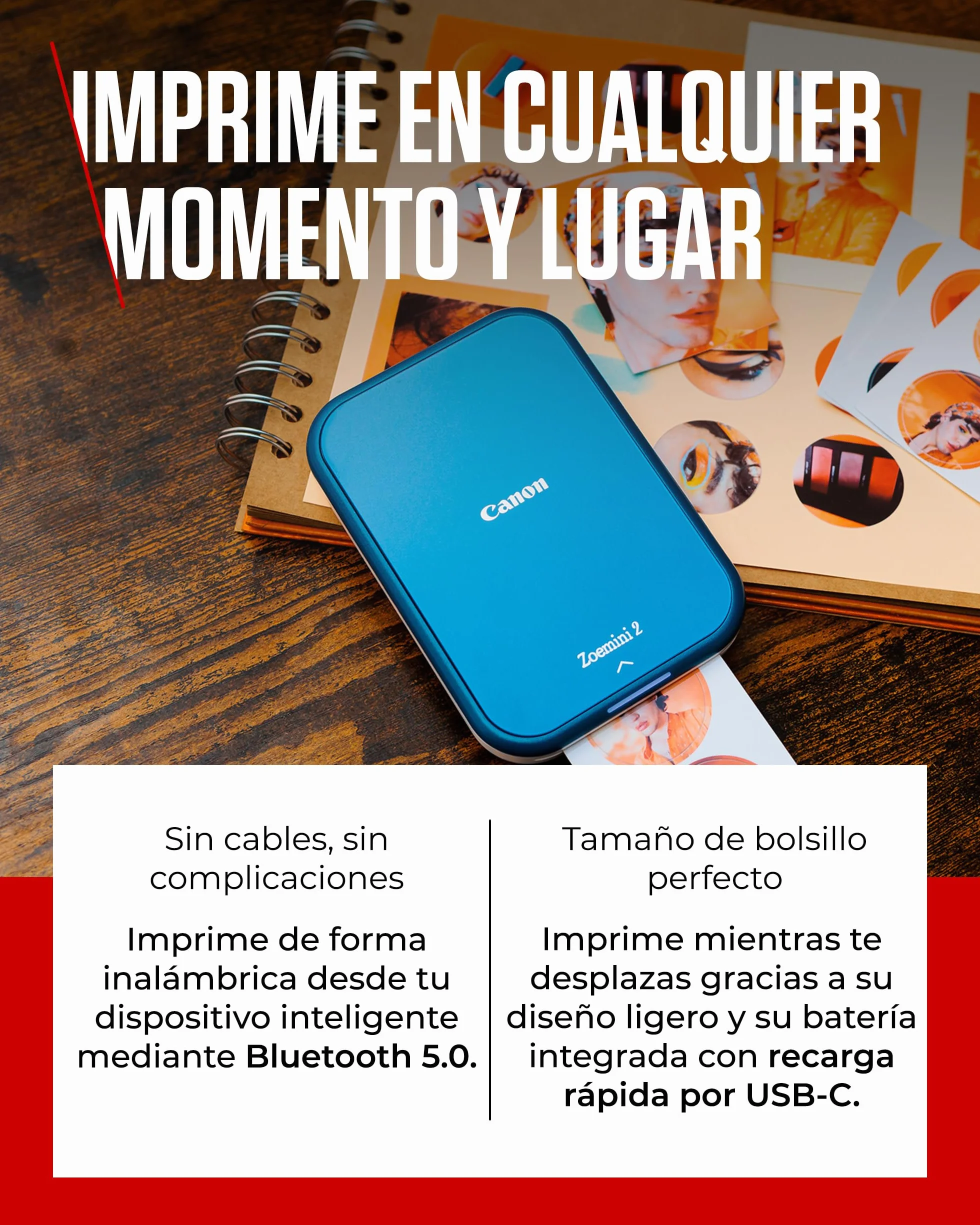 Canon Kit Zoemini 2 Impresora fotográfica + Papel fotográfico Zink 20 Piezas + Papel ZP-2030 (20 Hojas) + 10 Pegatinas Circulares (para Smartphone, USB C, Bluetooth, impresión móvil) Azul Marino