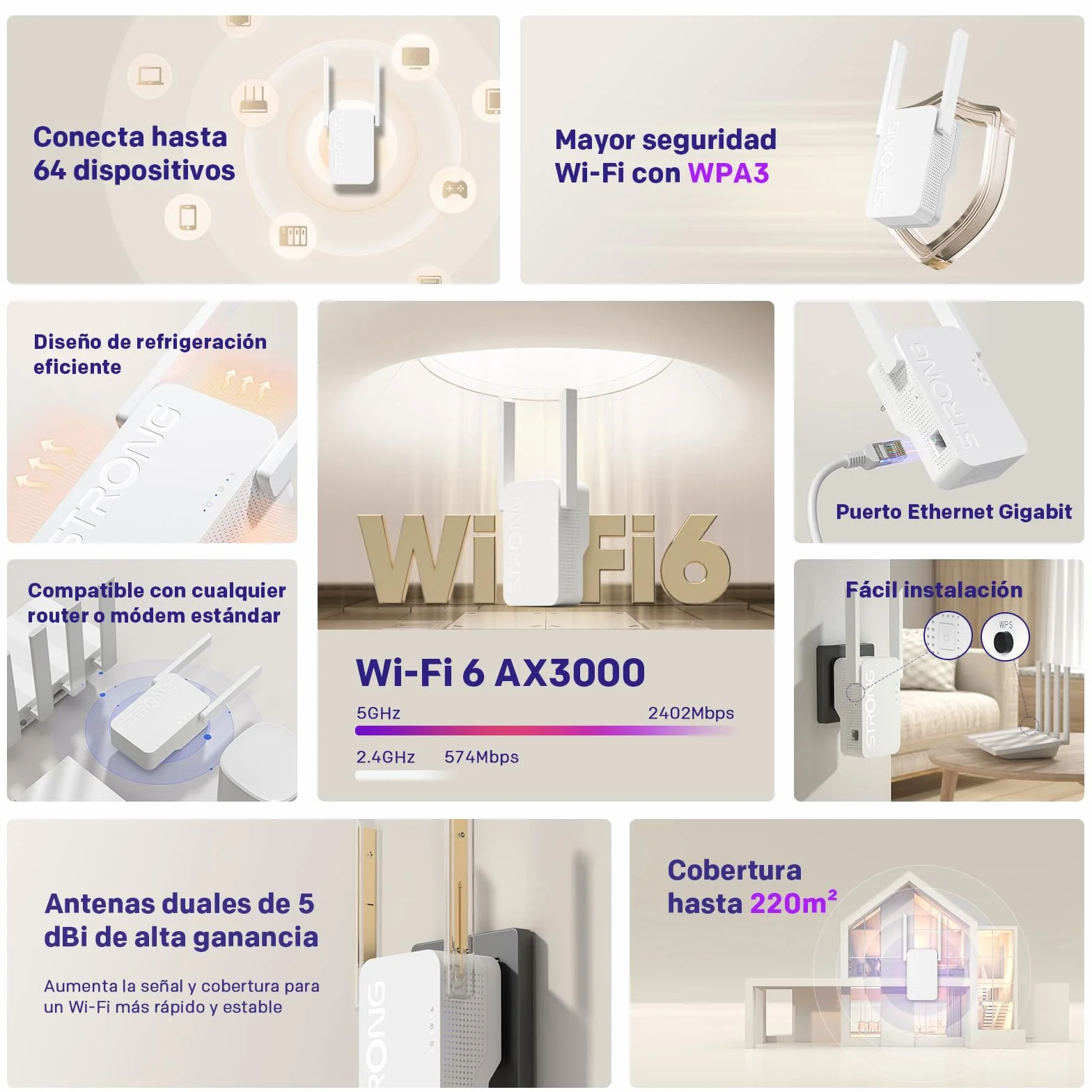 Strong Repetidor WiFi 6 AX3000 de Pared – Amplificador señal WiFi Potente Largo Alcance, Dual Band con Antenas externas, WiFi Extender para casa, Streaming y Gaming