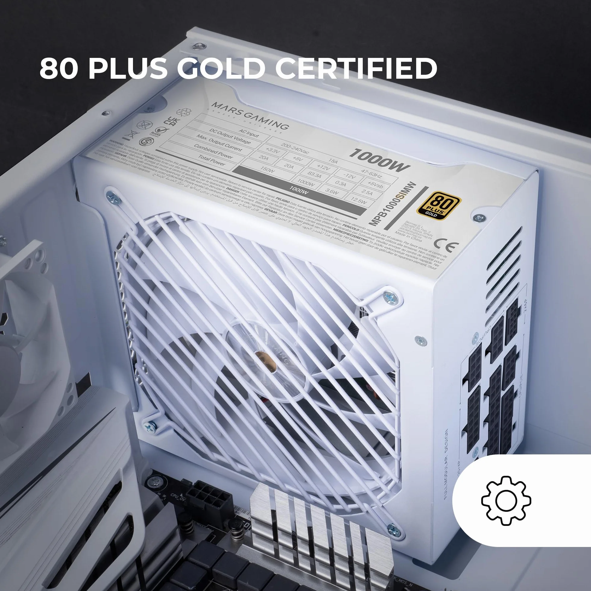 Mars Gaming MPB1000SIM, Fuente Alimentación Full Modular ATX 1000W, 7 Años Garantía, 80Plus Gold 90%, Ventilador SI Extreme Silence 140mm, Tecnologías AI2-RPM, Condensadores Japoneses, Blanco