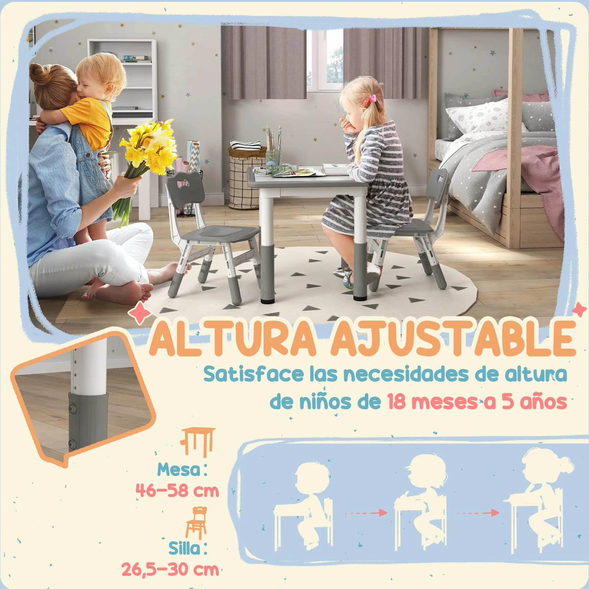 AIYAPLAY Mesa y Sillas Infantiles de 3 Piezas Altura Ajustable para Niños 18 Meses-5 Años Blanco y Gris