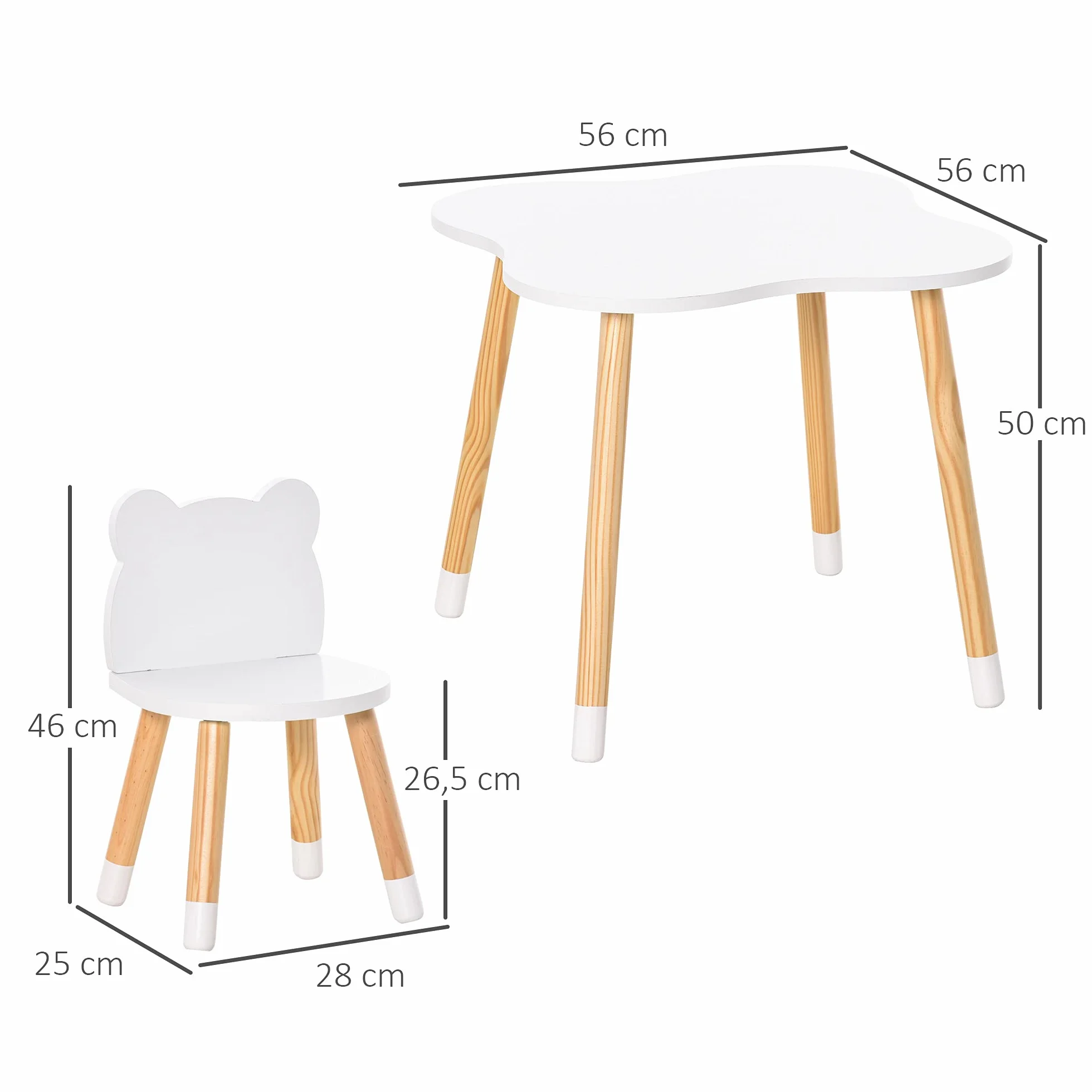 HOMCOM Mesa y Sillas Infantil de Madera para Sala de Juego y Dormitorio Natural y Blanco