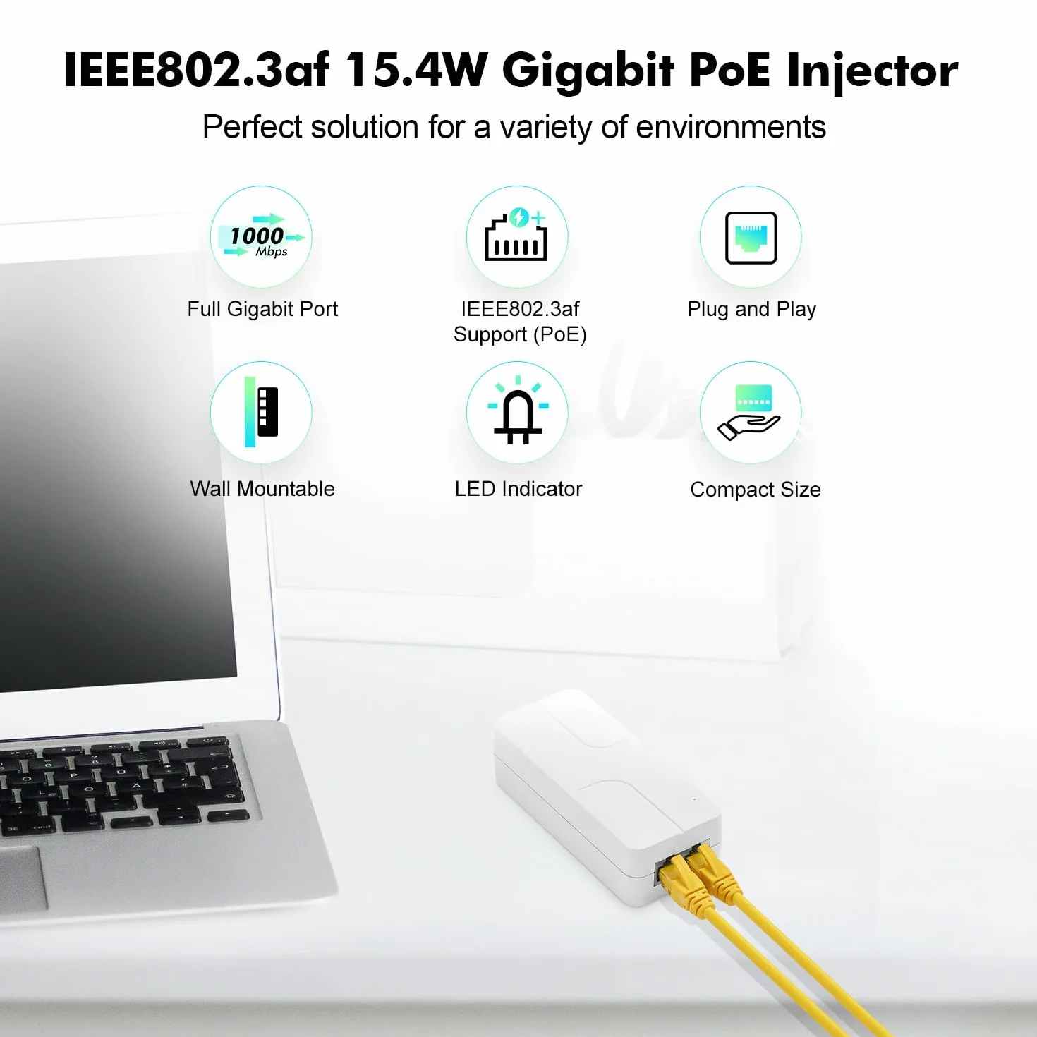 Inyector Gigabit PoE de 15,4 W, Compatible con IEEE 802.3af, Adaptador Compacto Power Over Ethernet Blanco YuLinca, Plug and Play, diseño sin Ventilador para Montaje en Pared con indicador LED