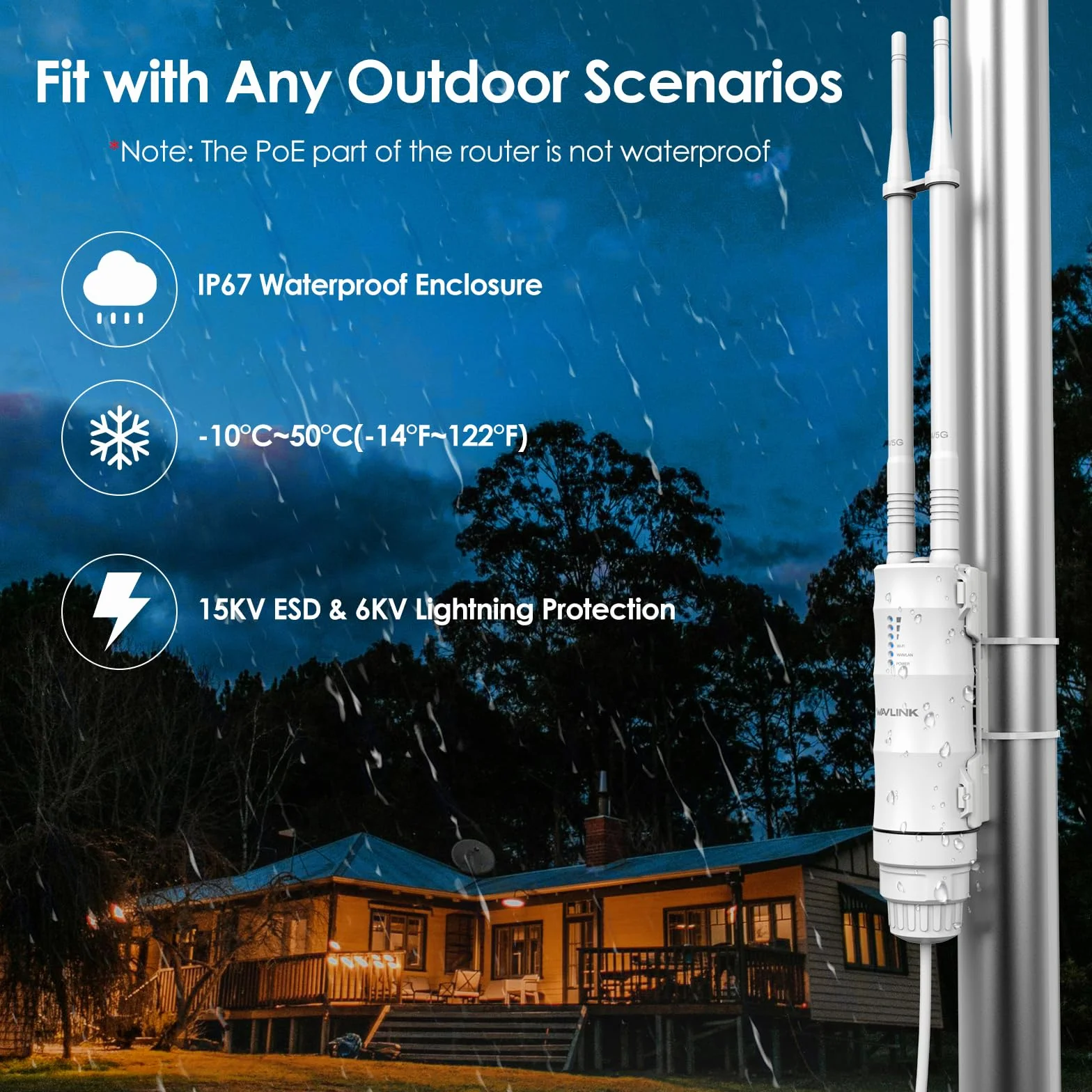 Repetidor WiFi Potente Exterior para Larga Distancia WAVLINK AC1200, Amplificador de Señal WiFi Exterior Doble Banda 2.4G + 5G, Outdoor WiFi Router Extender Access Point, Soporte PoE
