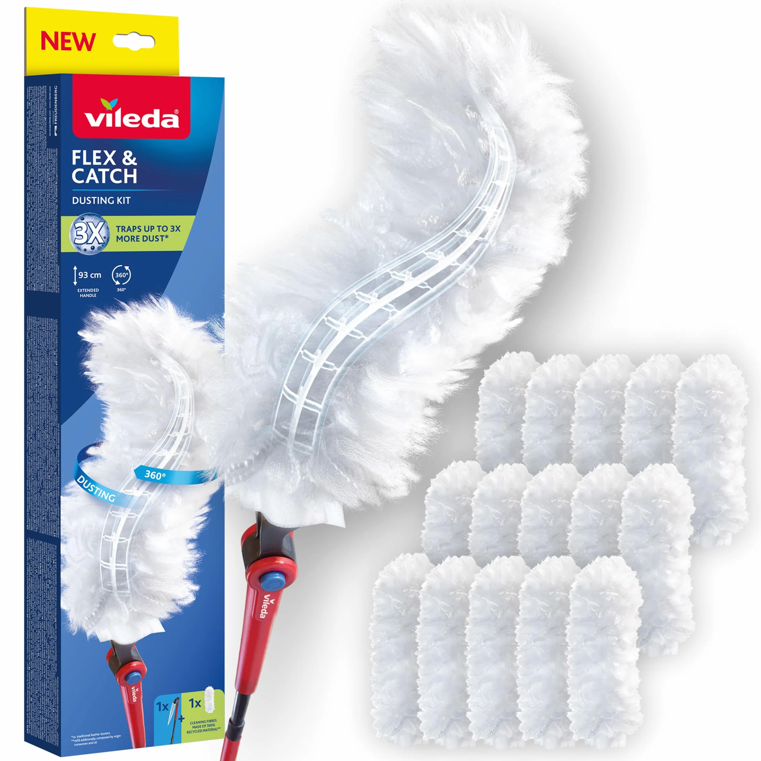Vileda Flex & Catch Kit para Quitar Polvo 15 recambios Mango Extensible 93 cm