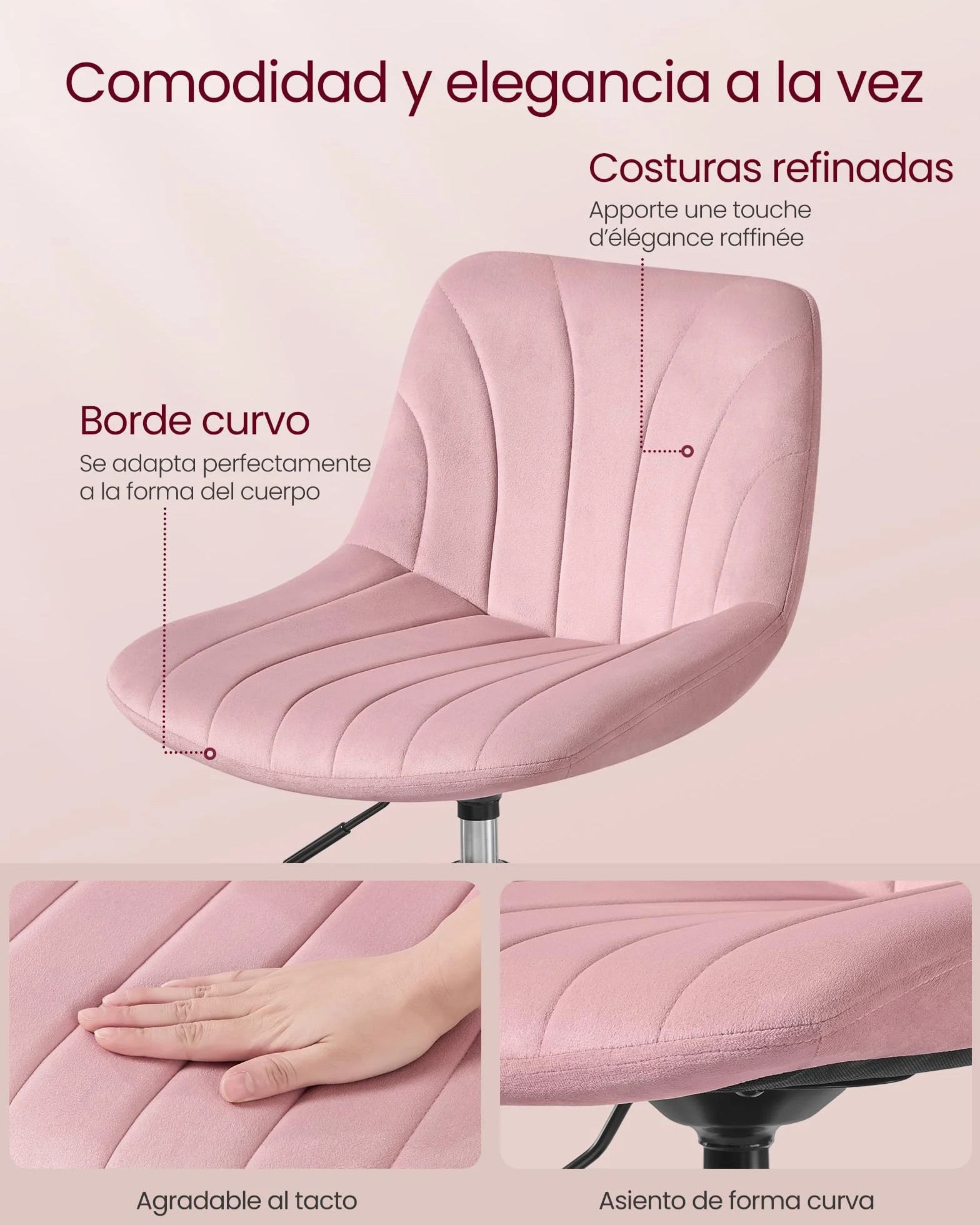 VASAGLE Taburete Tocador con Respaldo Altura Regulable Giro 360° Terciopelo Rosa Jalea
