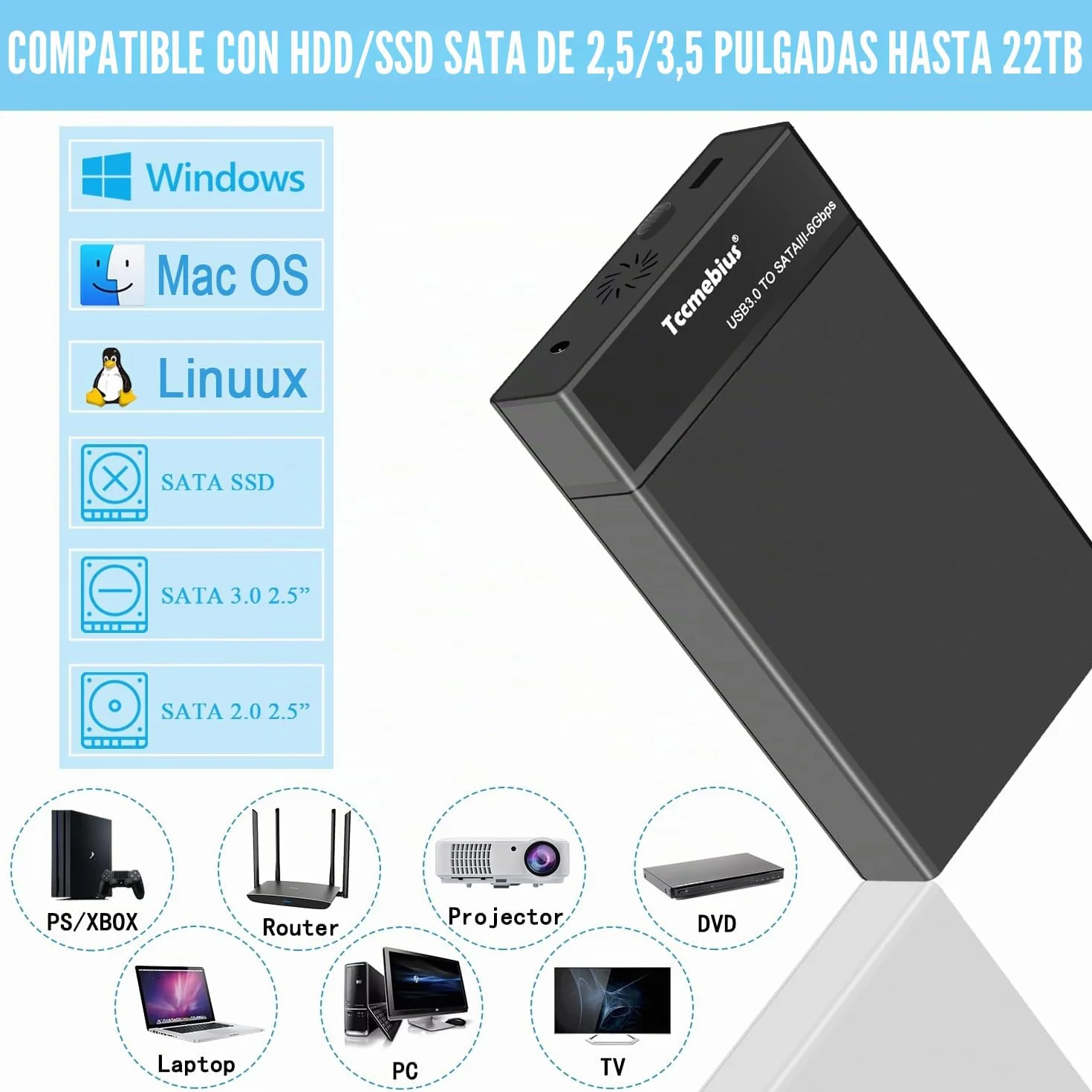 Carcasa Disco Duro, USB 3.0 Caja 3.5 Externo para 2,5 3,5 Pulgadas SATA HDD SSD hasta 22TB, con Adaptador de Corriente 12V3A Cable USB A/C, Soporte UASP Función de sueño automática (TCC-S8)