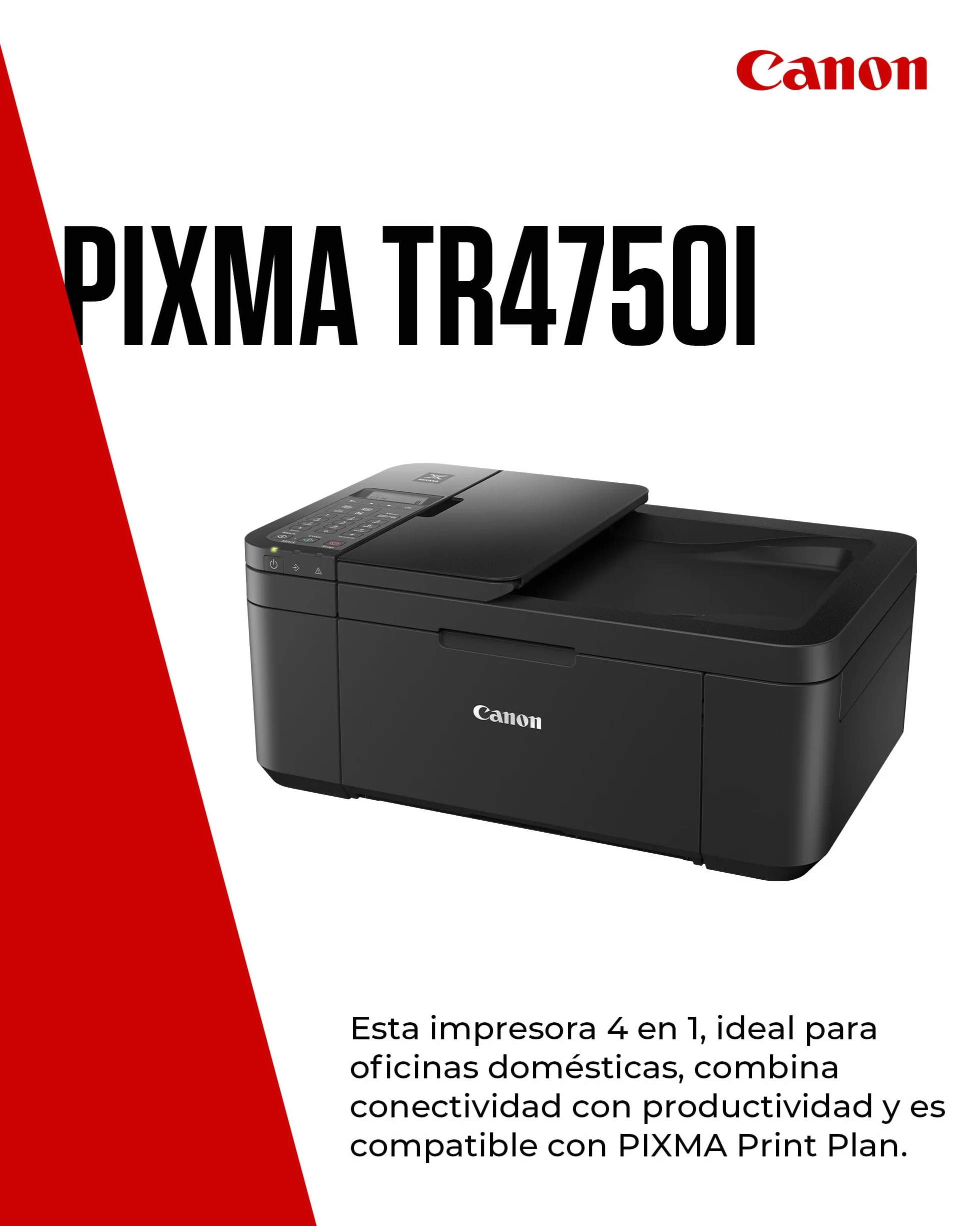 Canon Pixma TR4750i Impresora Multifunción 4 en 1, Sistema de Inyección de Tinta, Impresión, Escaneo y Copia, WiFi, Pixma Print Plant, ADF de 20 Hojas, Impresión a Doble Cara Automática, Negro