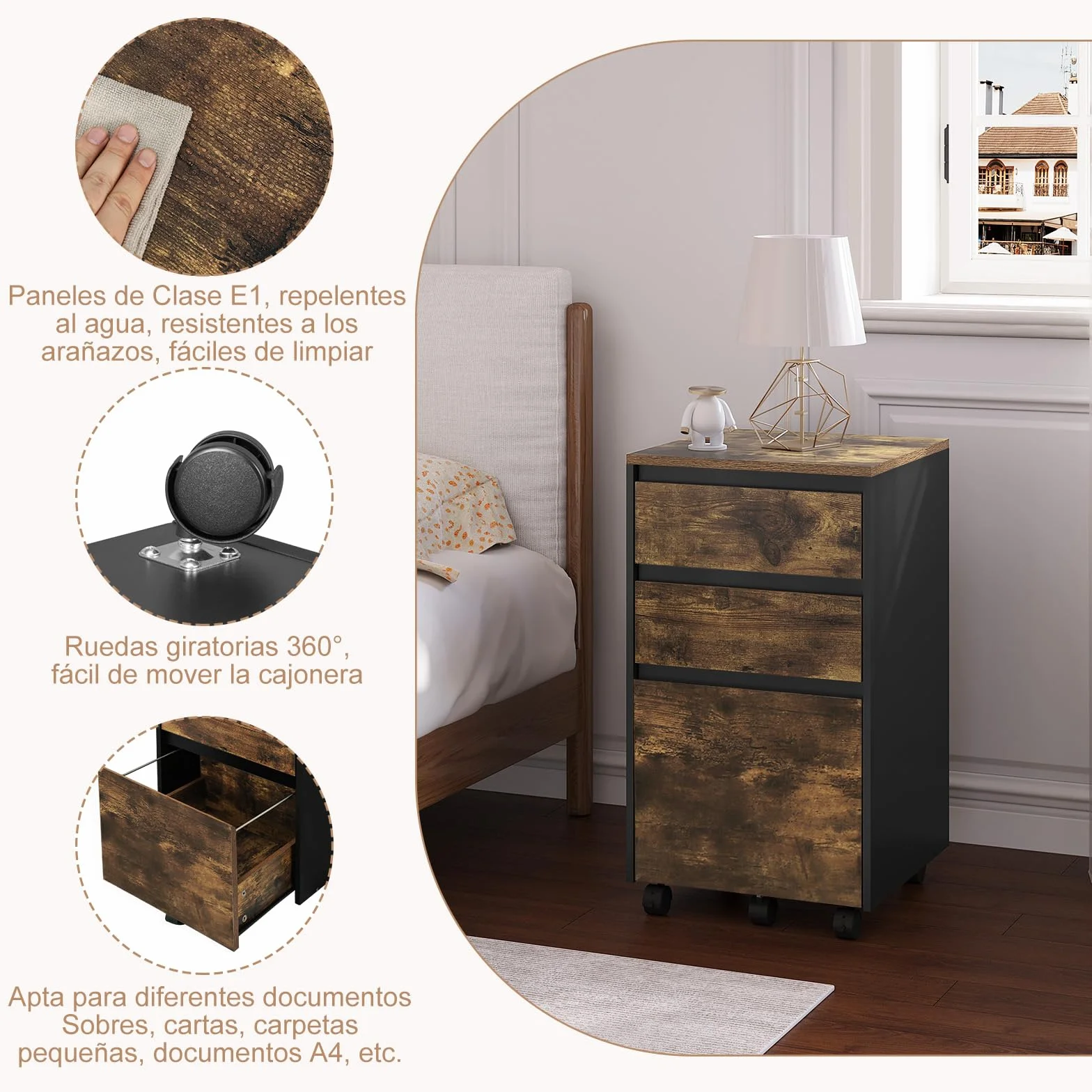 WOLTU Archivador Móvil 3 Cajones Cajonera 5 Ruedas Roble Marrón Negro 40x40x71.5 cm