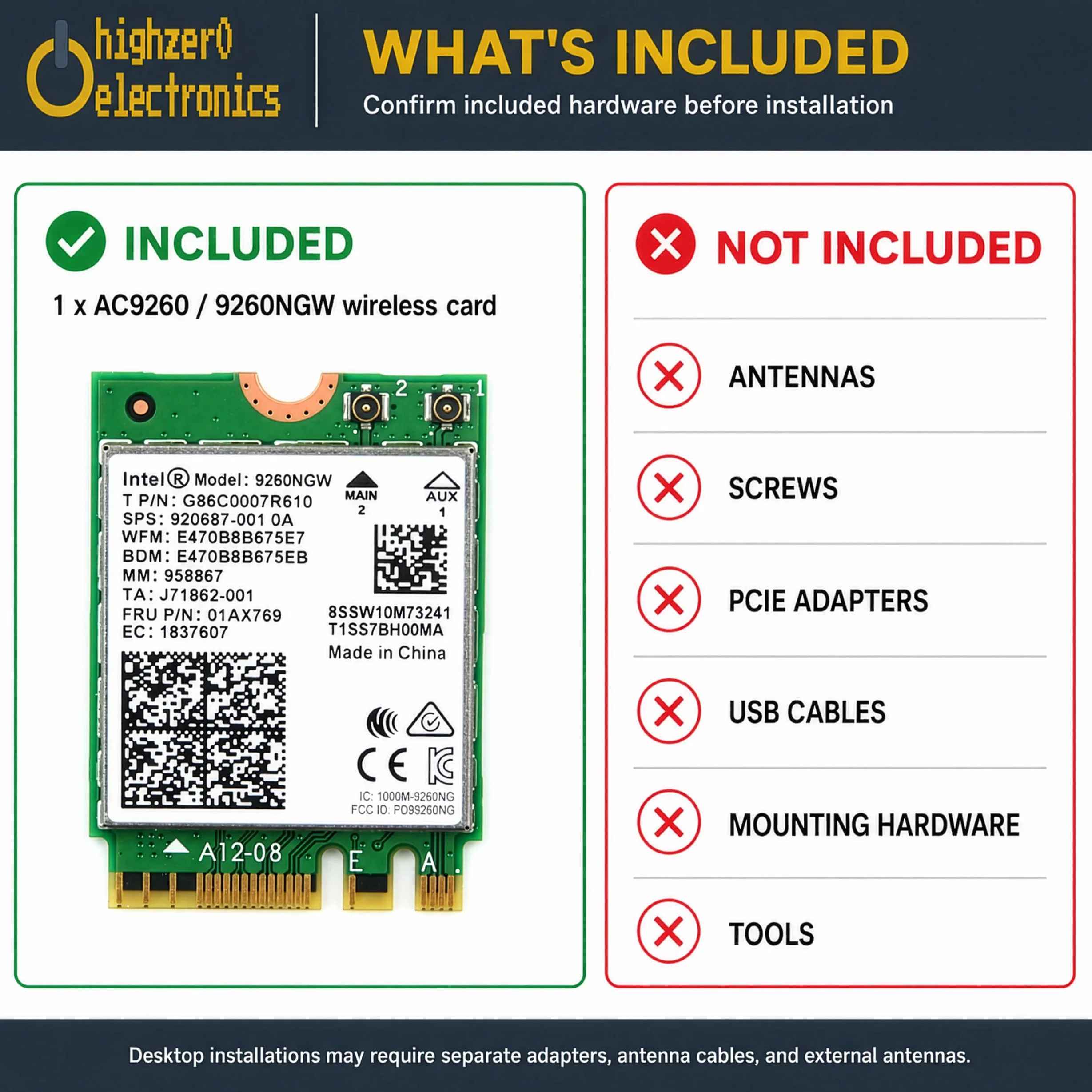 AC 9260 802.11ac M.2 Bluetooth 5.1 Legacy Network Card | WiFi 5 up to 1.73Gbps, MU-MIMO | Compatible with Intel, AMD, Linux & Windows 10/11 | 9260NGW WiFi Adapter
