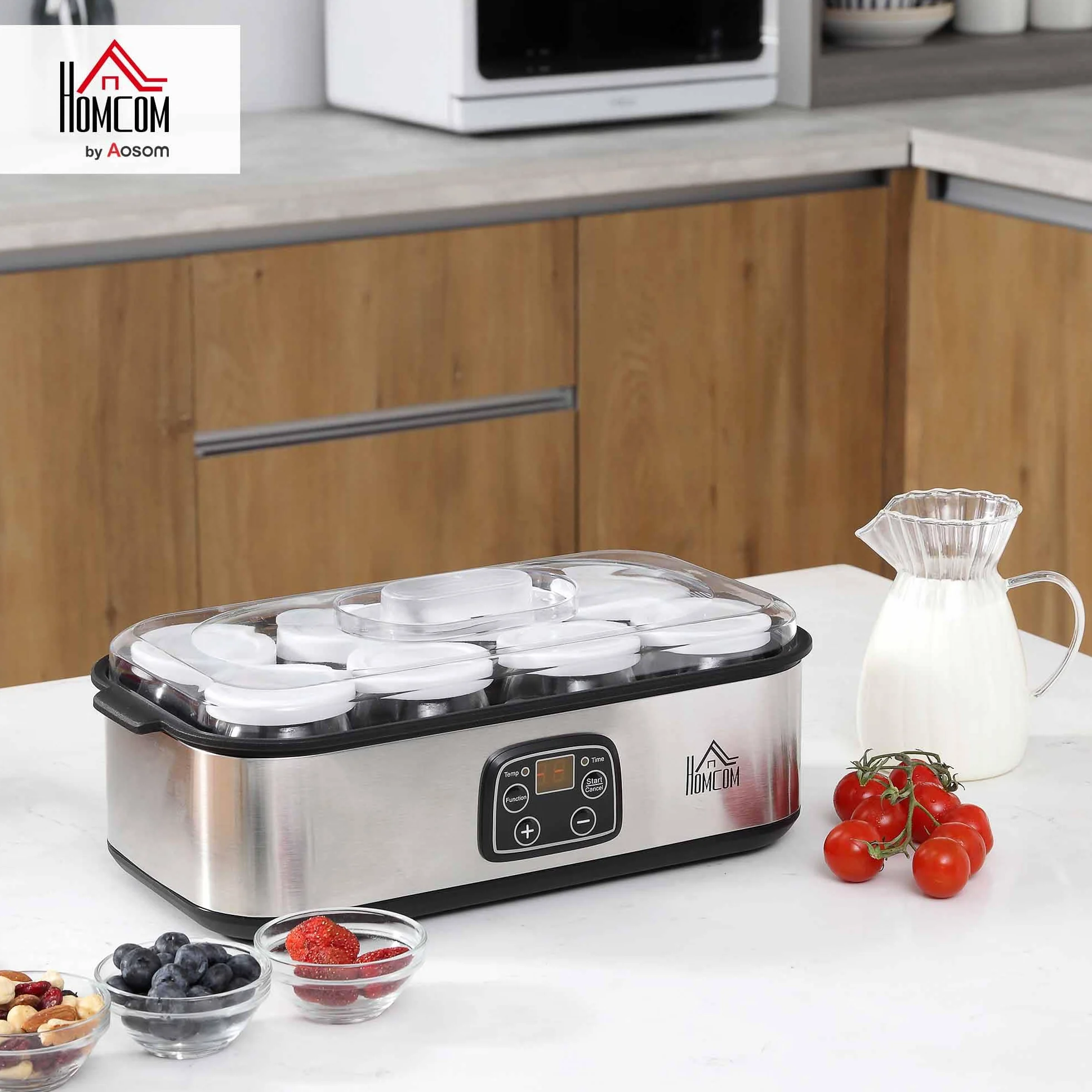 HOMCOM Yogurtera 25W 1,44L 8 Tarros de Cristal 180 ml Termostato Ajustable Temporizador 1-48 Horas Apagado Automático 36x18,8x14 cm Plata