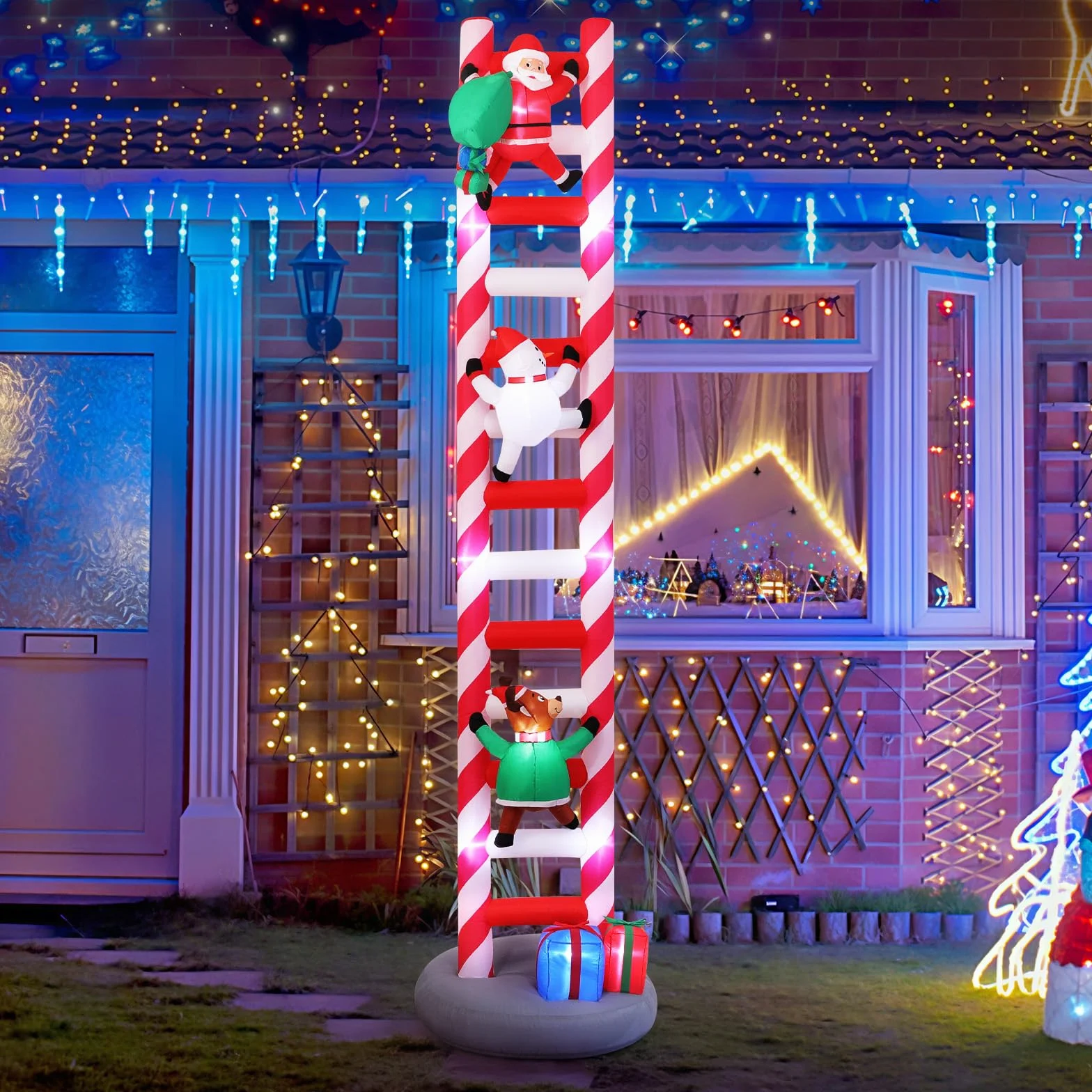 Lewondr Inflables Navidad 9,8FT 11 LED Escalera Decoración Exterior Impermeable Reno Santa Claus Muñeco de Nieve