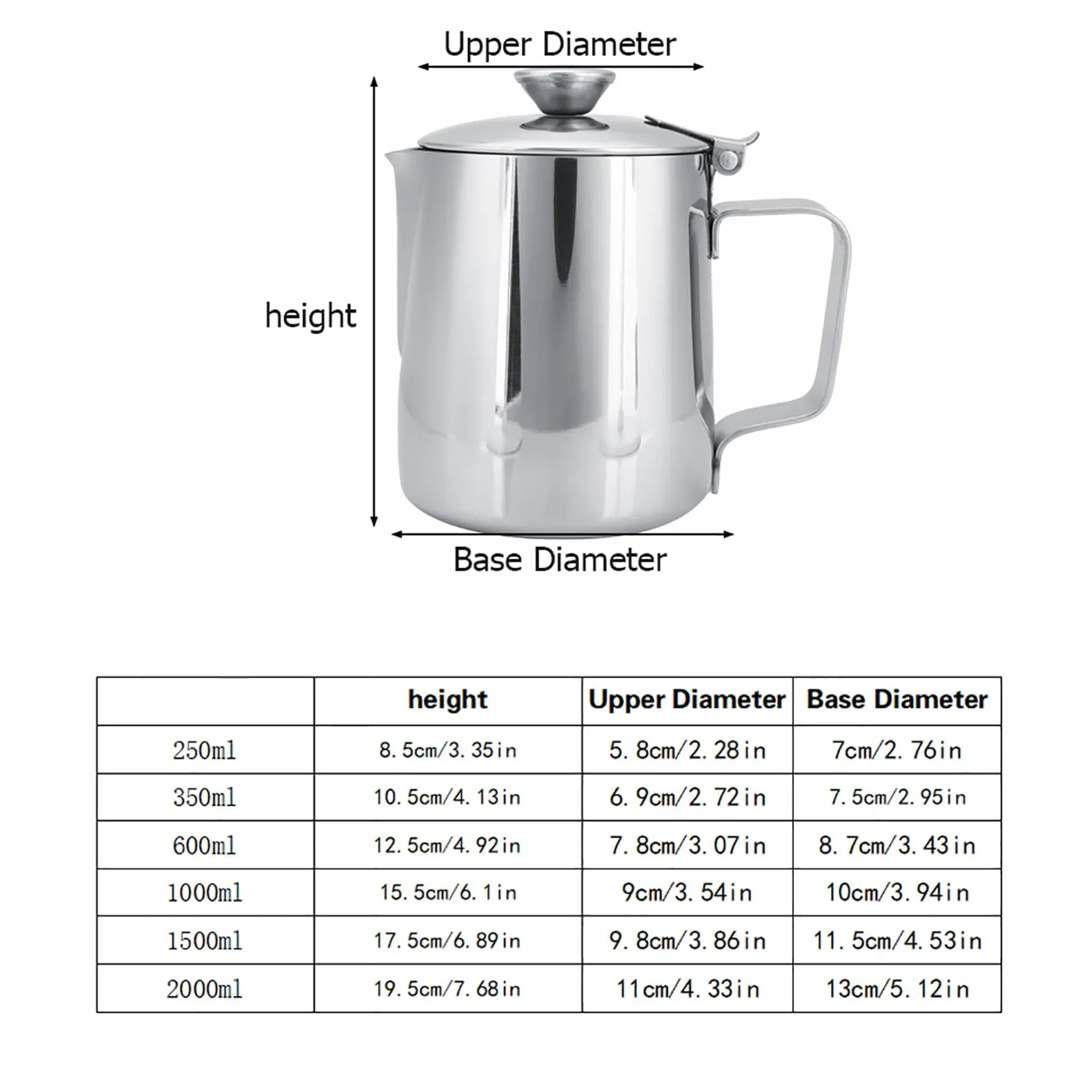 Jarra de Leche de Acero Inoxidable con Tapa para Capuchino, Café y Té (1000ML)