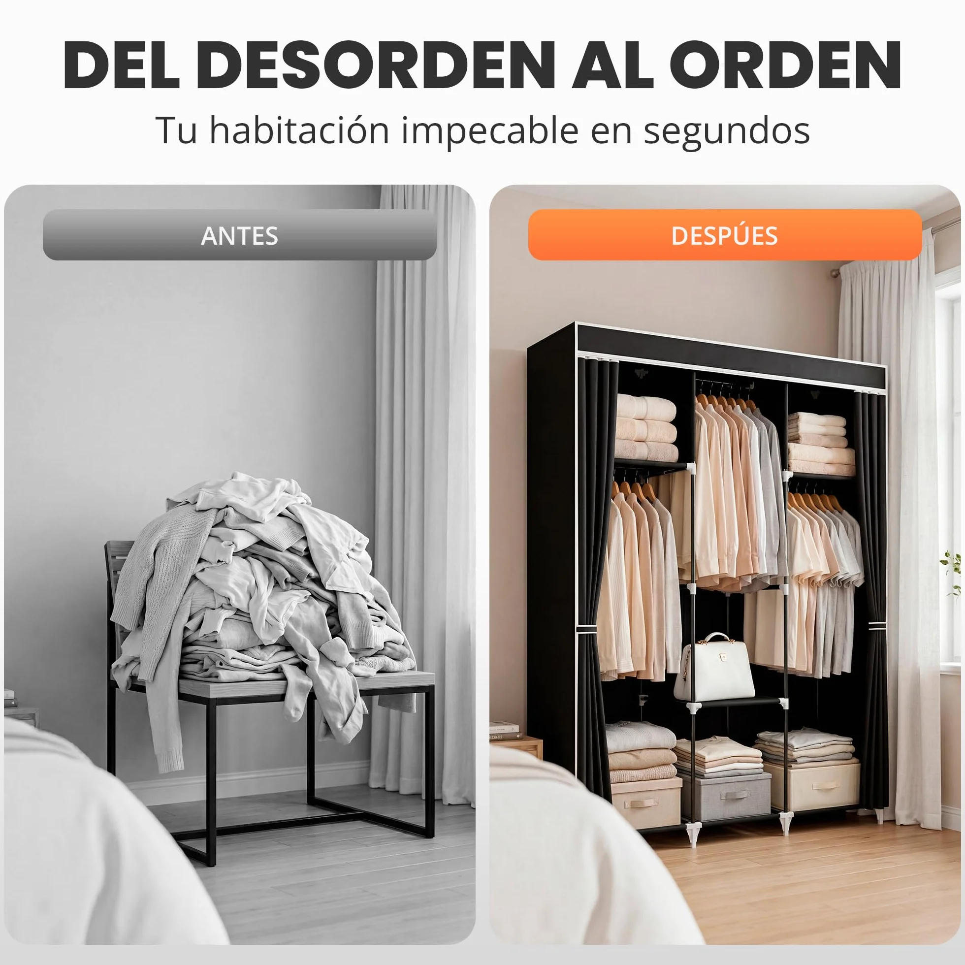 JUPPLIES Armario de Tela Portátil 45x127x168 cm Estanterías Bolsillos Laterales Barras Colgar Ropa Plegable Ligero