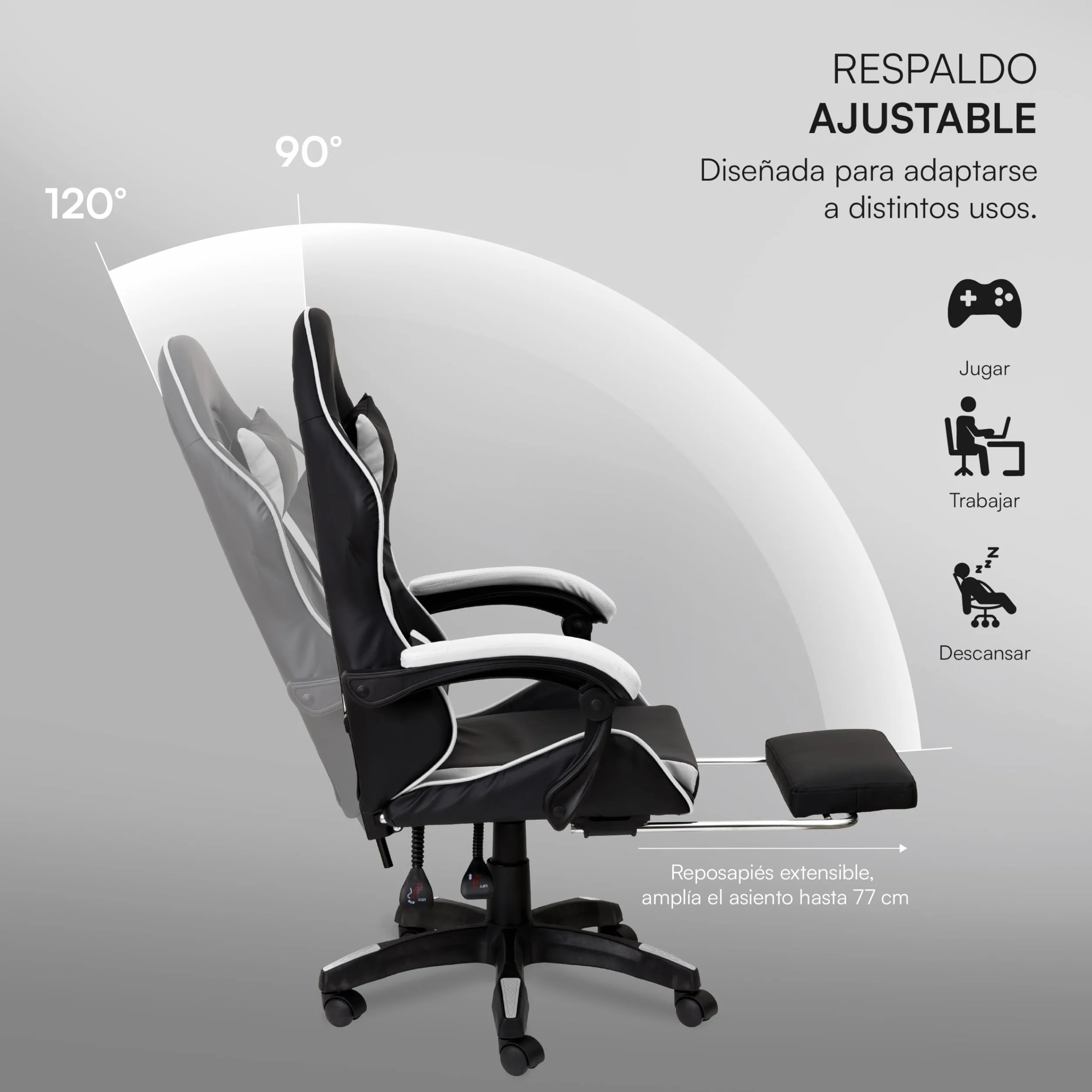 Baroni Home Silla Gaming Ergonómica Inclinable Altura Regulable, Soporte Lumbar, Reposacabezas Acolchado, Reposapiés Extraíble, Blanco, 58x66x114-124 cm