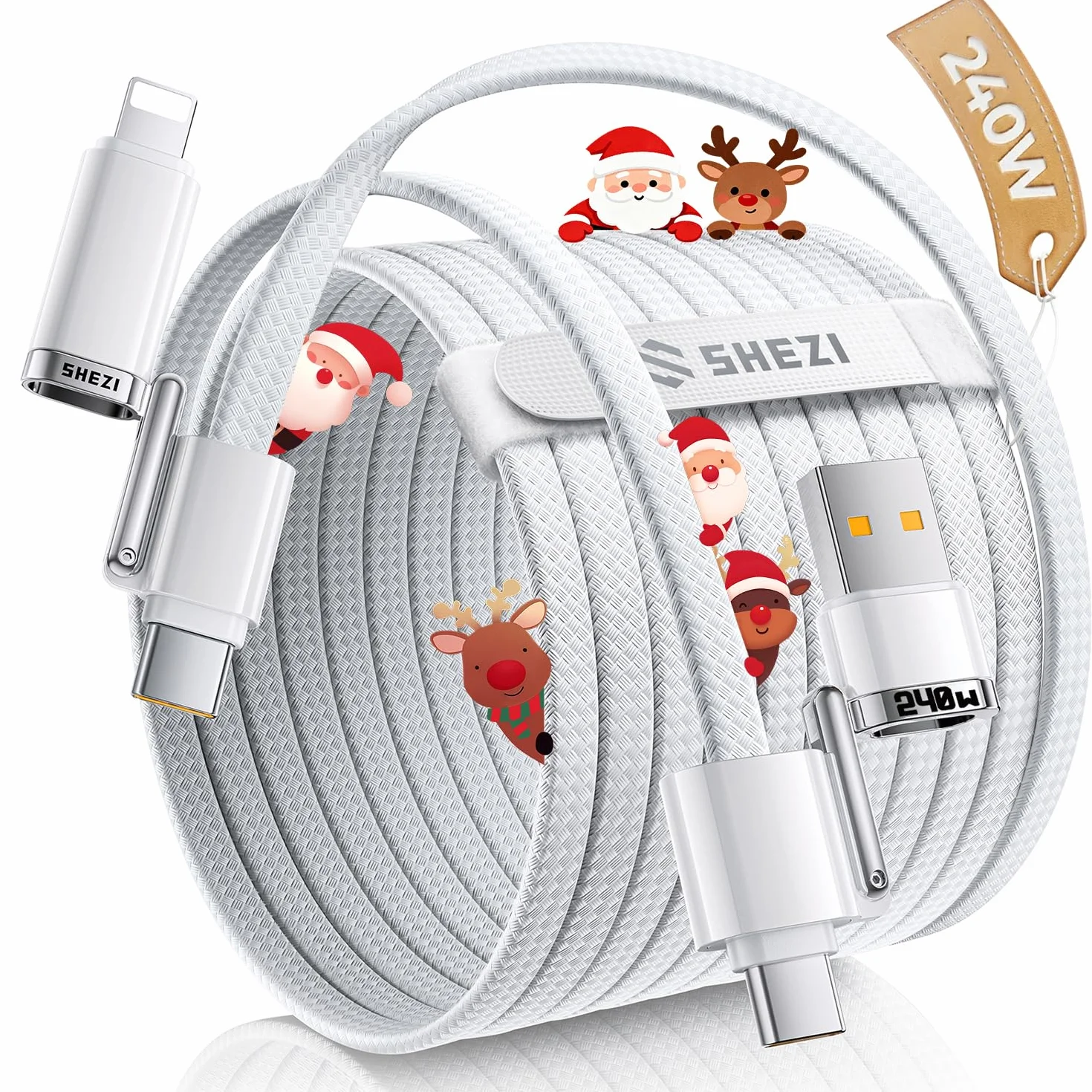 SHEZI Applstyle - Cable USB C a Lightning 4 en 1 de 5 pies, carga rápida de 240 W, transferencia de datos de sincronización de 15 segundos, soporte para CarPlay y Android Auto, USB A a tipo C, combo