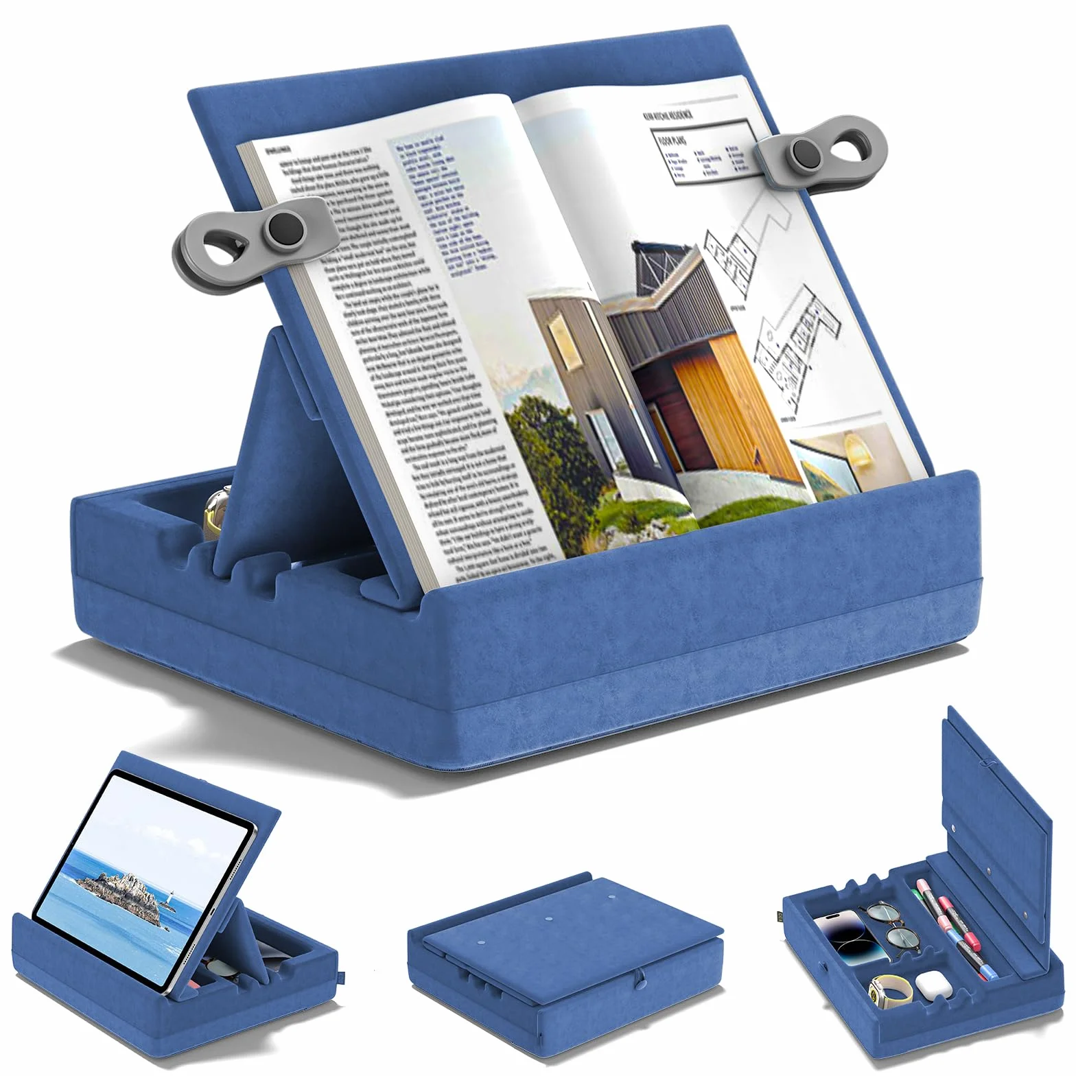 KDD Atril para Libros con Almacenamiento, Soportes de Almohada de Lectura，Soporte de Almohada para Tablet, Cama, Escritorio y Sofá, Soporte iPad Plegable con Bandeja Organizadora (4.7 "-15")
