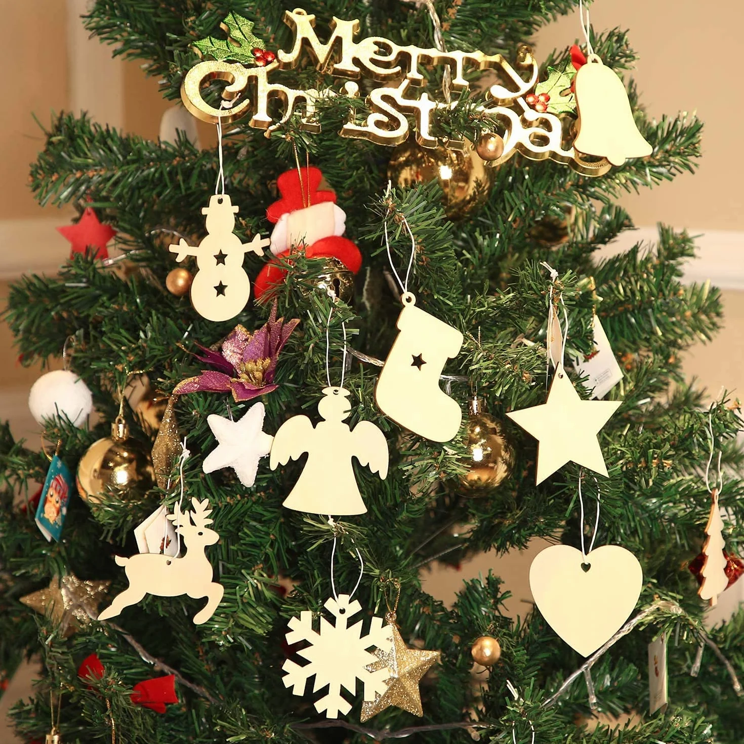Adornos de madera para árbol de Navidad, 100 colgantes DIY con cuerda