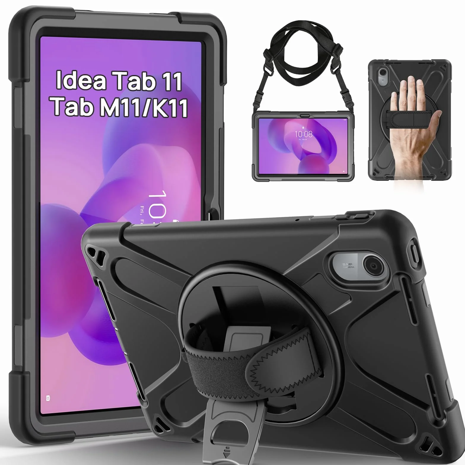 Gerutek Funda Anticaída para Lenovo Idea Tab 11 Pulgadas 2025/Tab K11 Gen 2/Tab M11/Xiaoxin Pad 11", (TB-336ZU/TB-336FU), Carcasa Rugosa con Soporte Giratorio, Correa de Mano/Hombro, Portalápiz, Negro