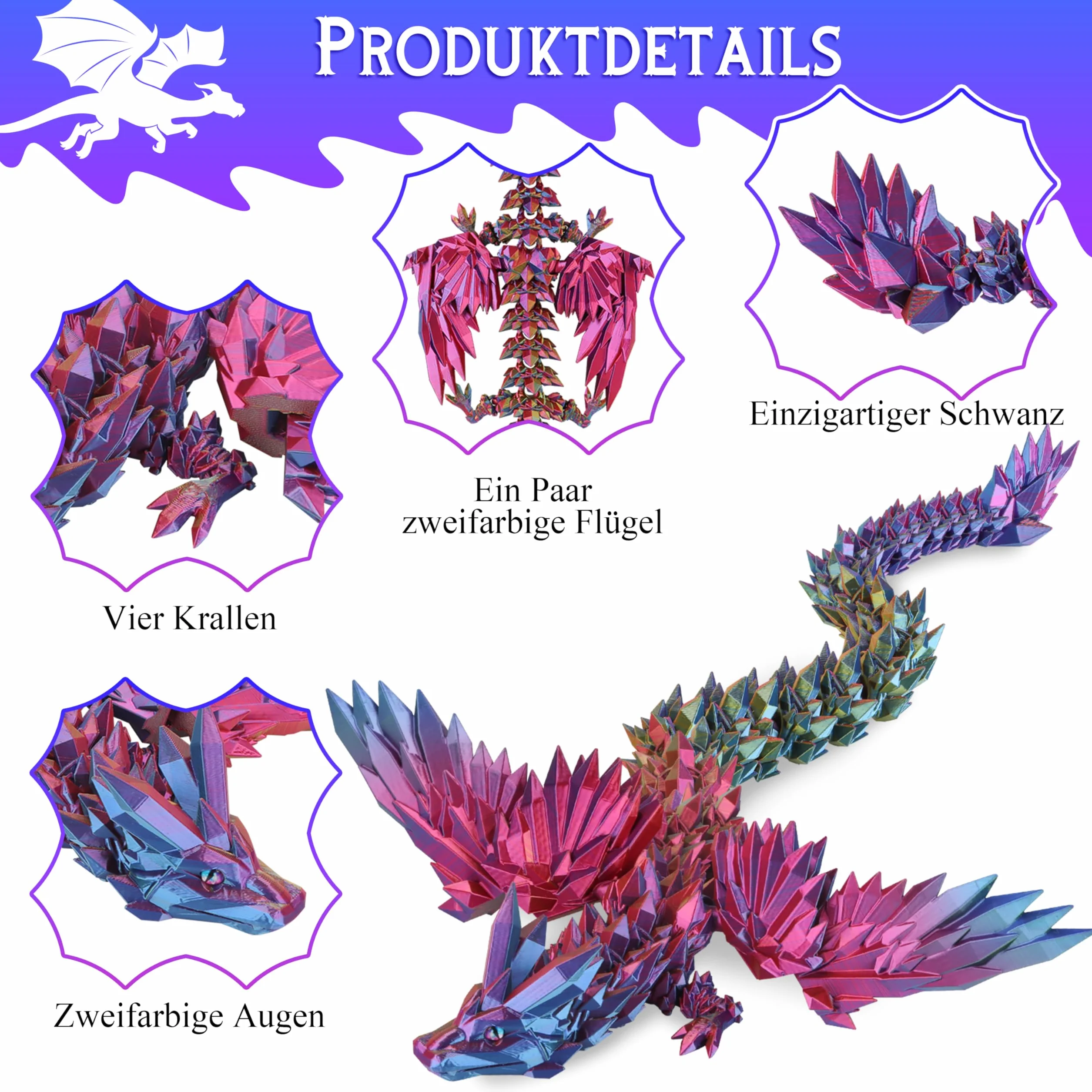 Dragón Impreso en 3D 60cm Articulado Flexible Alado Decoración Hogar Juguete Escritorio Navidad Easter Cumpleaños