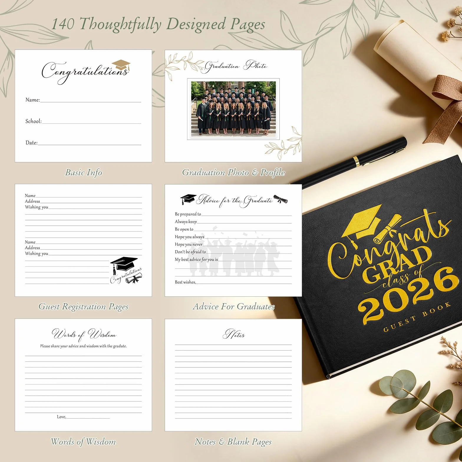 Lanpn Graduation Guest Book for Class of 2026, 140 Pages Black, with Pen Sign, University Remember