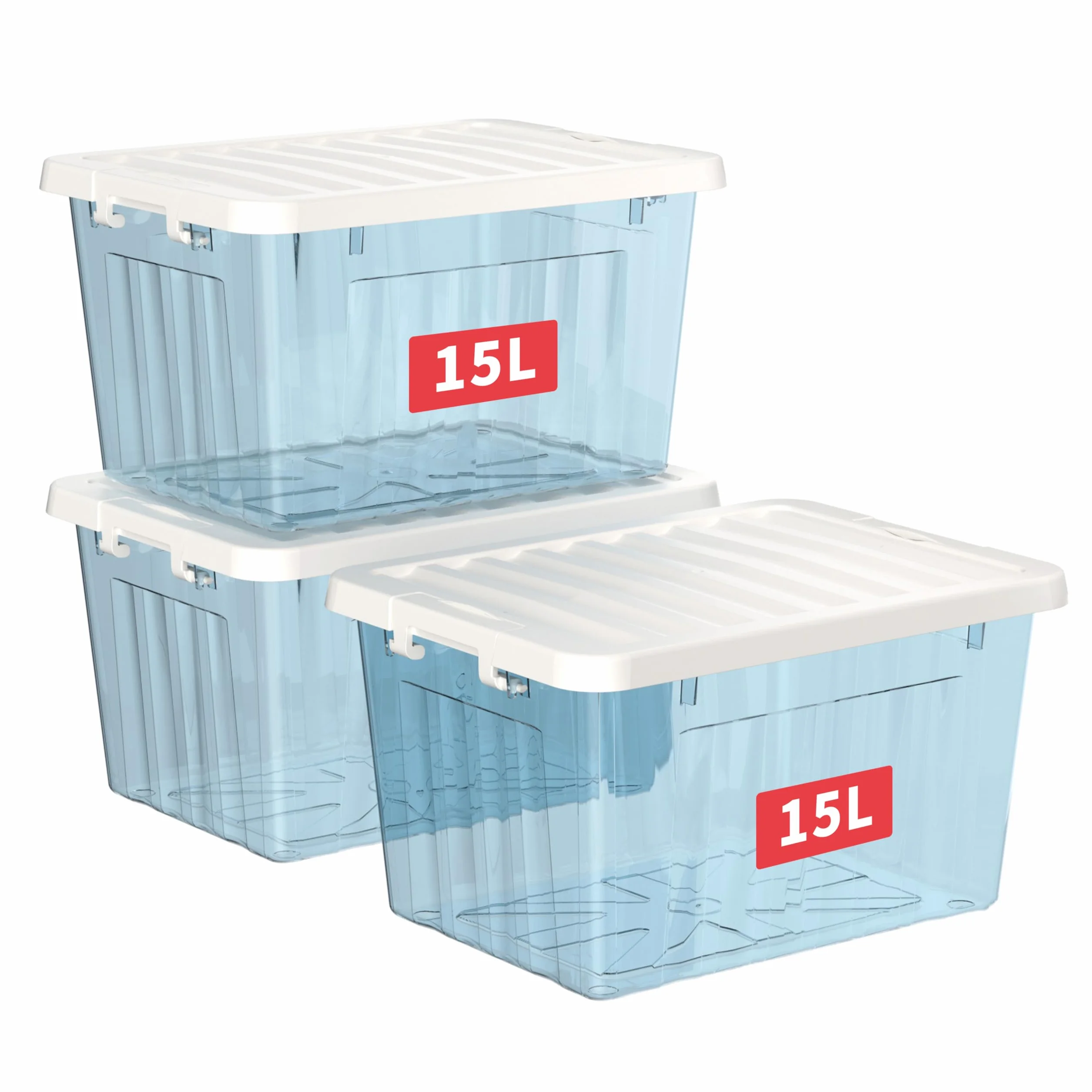 Cetomo 15L*3 Cajas de Almacenamiento con Tapas, Contenedores de Plástico con Broches de Enganche, Clip On, Apilables, Encajables, Organizador Rayado para Ropa Juguetes Armario, Azul Claro, 15L-3 Pack