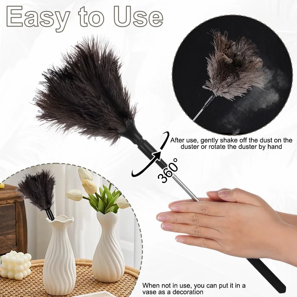 Vicloon Plumero de Plumas de Avestruz Duster Atrapapolvo 38-85cm Extensible Ajustable Lavable Mango de Acero Inoxidable