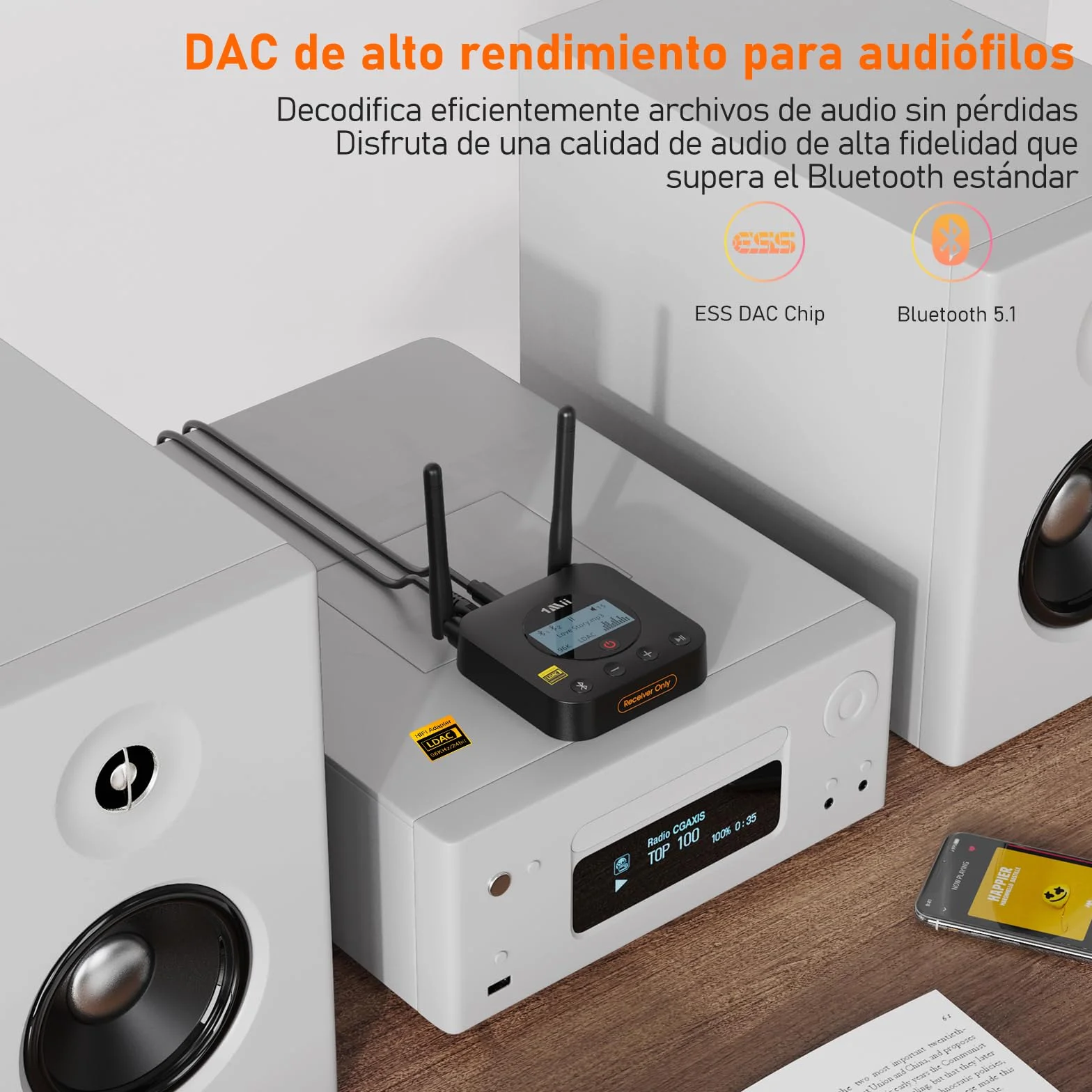 1Mii B06Pro+ Receptor Bluetooth 5.3 HiFi, Adaptador Audio Hi-Res LDAC, aptX Baja latencia/HD con Pantalla LCD, Salida Óptica AUX 3.5mm, Control Volumen, Largo Alcance 60m para Estéreo, Amplificador