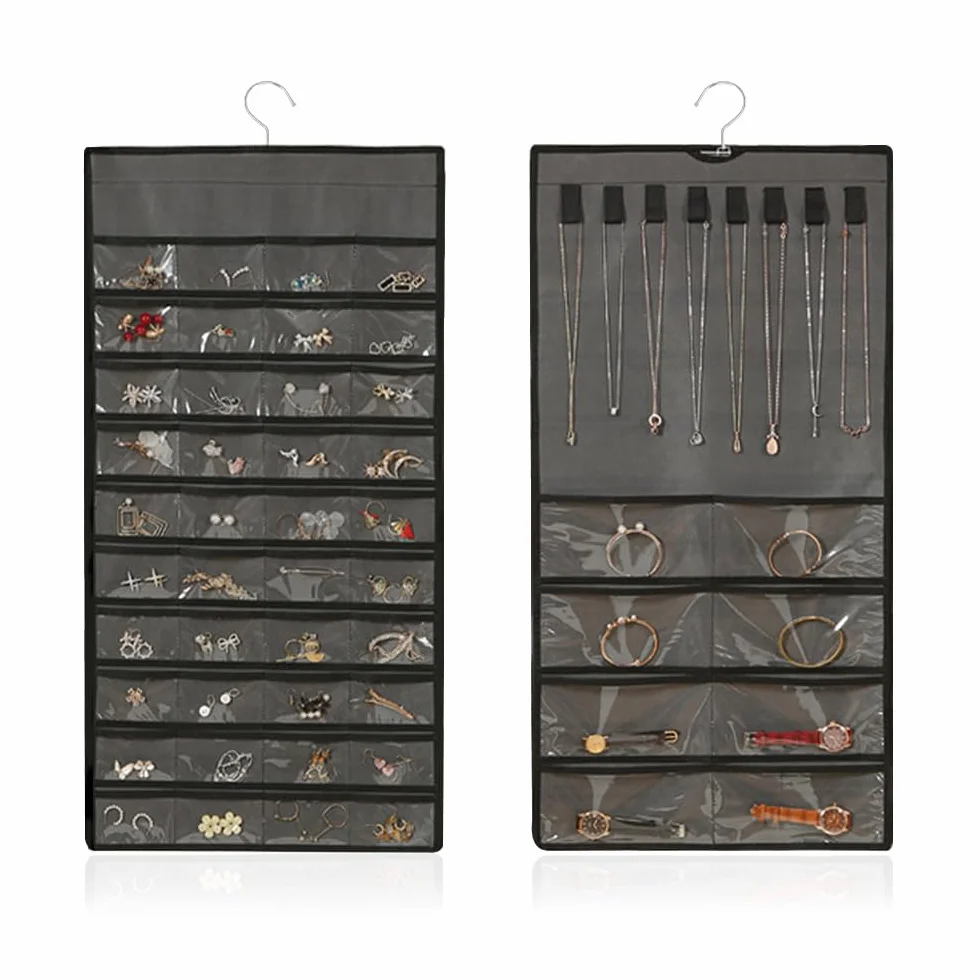 Organizador de Joyas Colgante de Doble Cara Soporte para Colgar Joyas Pared Armario Organizador Bisuteria Colgante Soporte Aretes Collares Pendientes Exhibición Hanging Jewelry Organizer-Gris