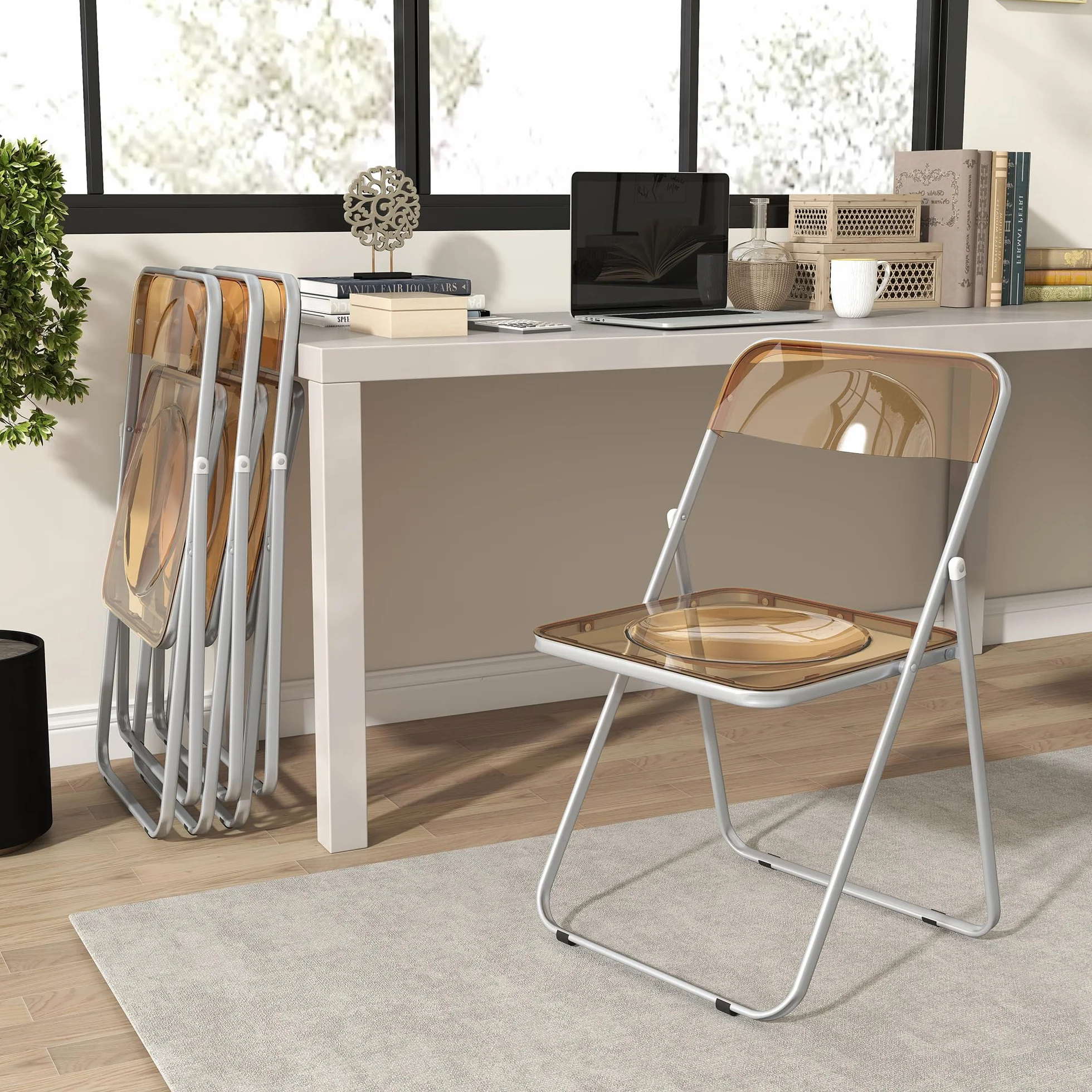 HOMCOM Juego de 4 sillas plegables de acrílico y acero, portátiles, 47 x 48 x 75 cm, naranjas
