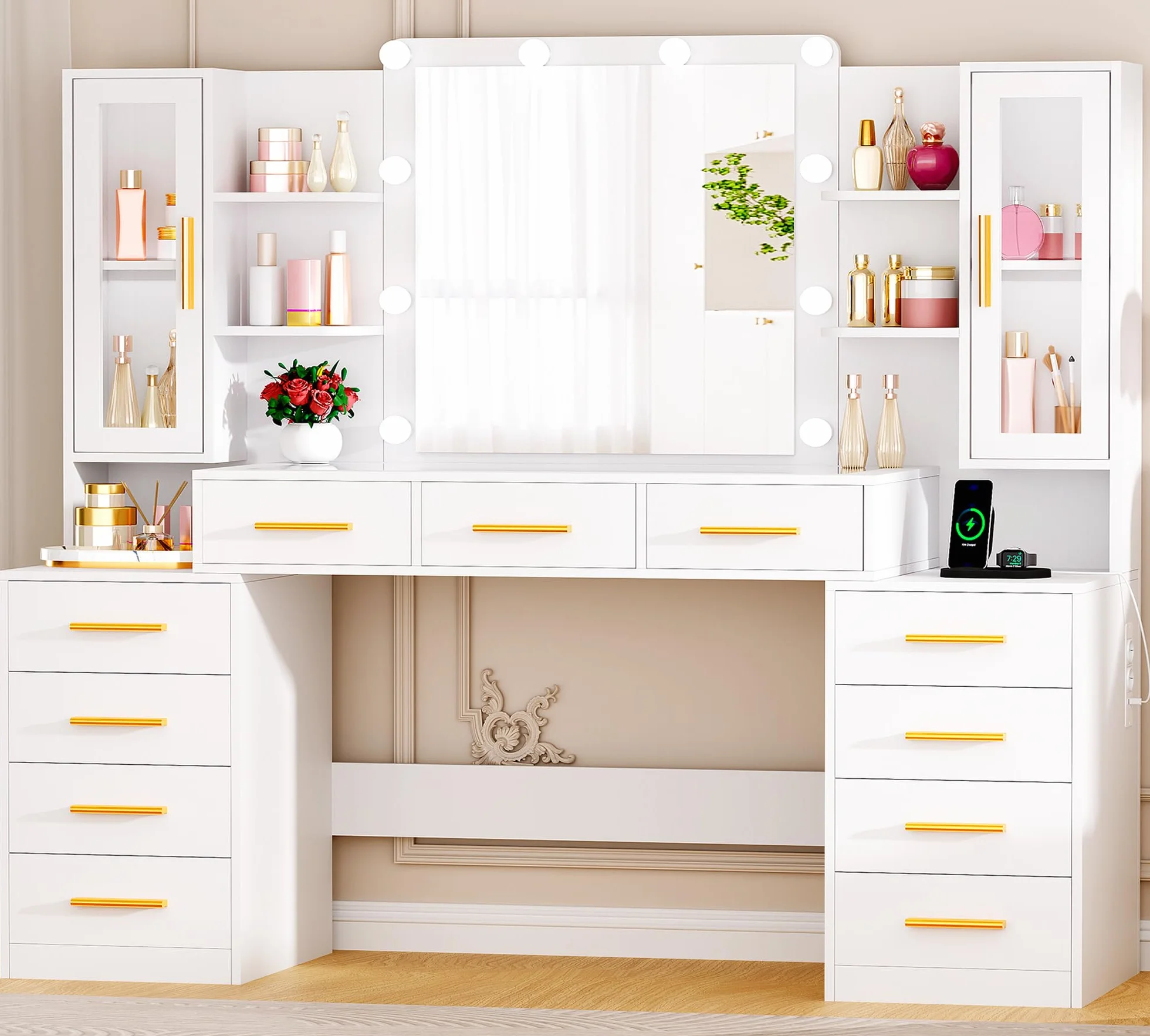 ANWBROAD Grande Tocador con Espejo y Luz, Mesa de Maquillaje con 11 Cajones y Enchufes, Blanco BDT27W
