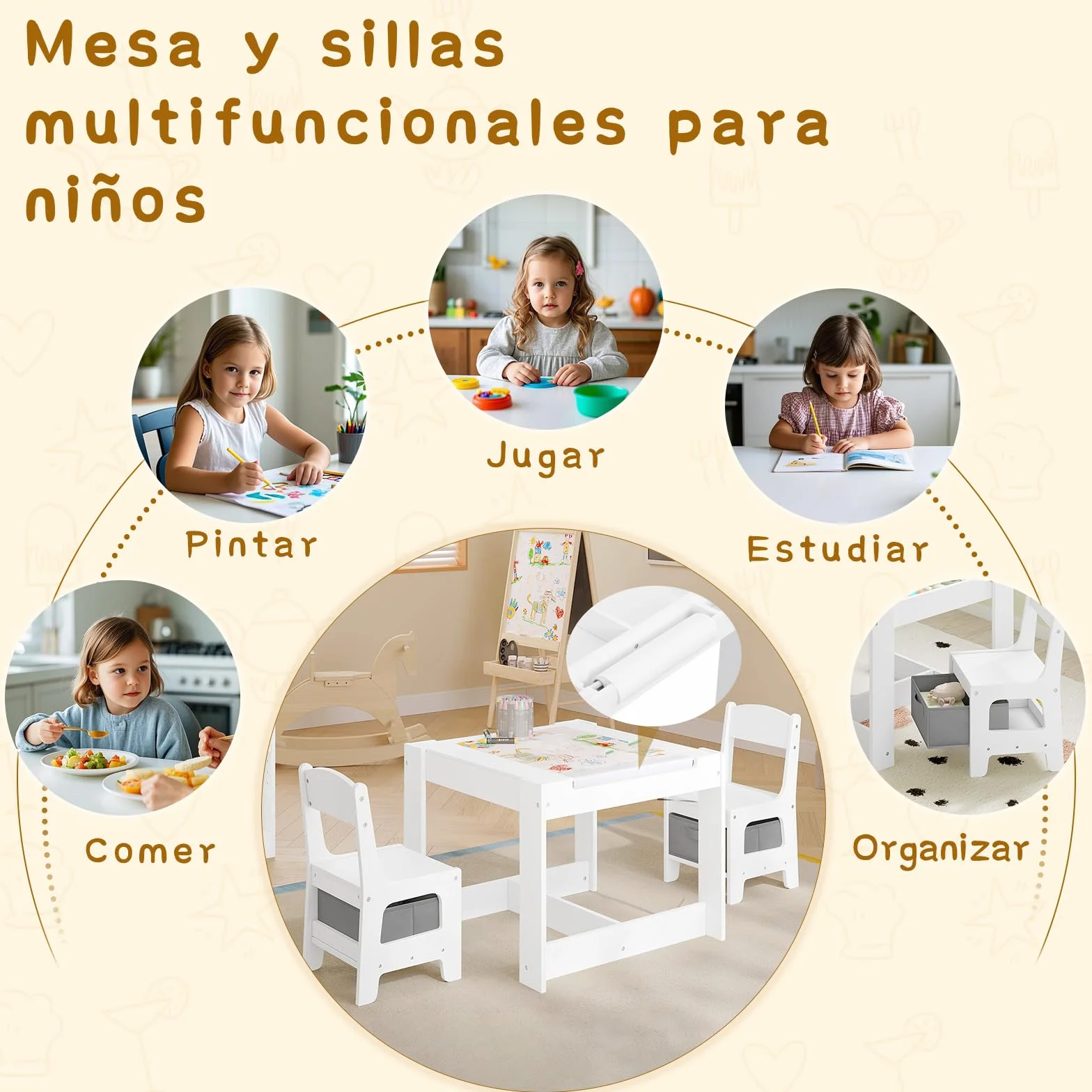 Juego de Mesa y 2 Sillas para Niños de Madera con Almacenamiento, Escritorio Reversible Blanco con Pizarra y Rodillo de Papel