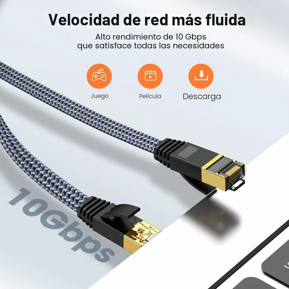 Snowkids 15m Cable de Red Ethernet cat7, Alta Velocidad 10Gbit/s 600MHz Cable Plano Trenzado de Nailon Chapado STP Cable Ethernet RJ45 para Router Modem Switch TV Box PC PS-4 Viene con 20 Clips Cable