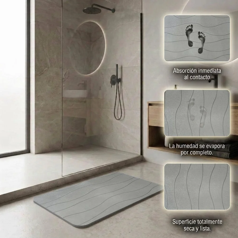 Alfombra Diatomita Baño 40x60 cm Piedra Secado Rápido Antideslizante con Lija Antimoho Gris Claro