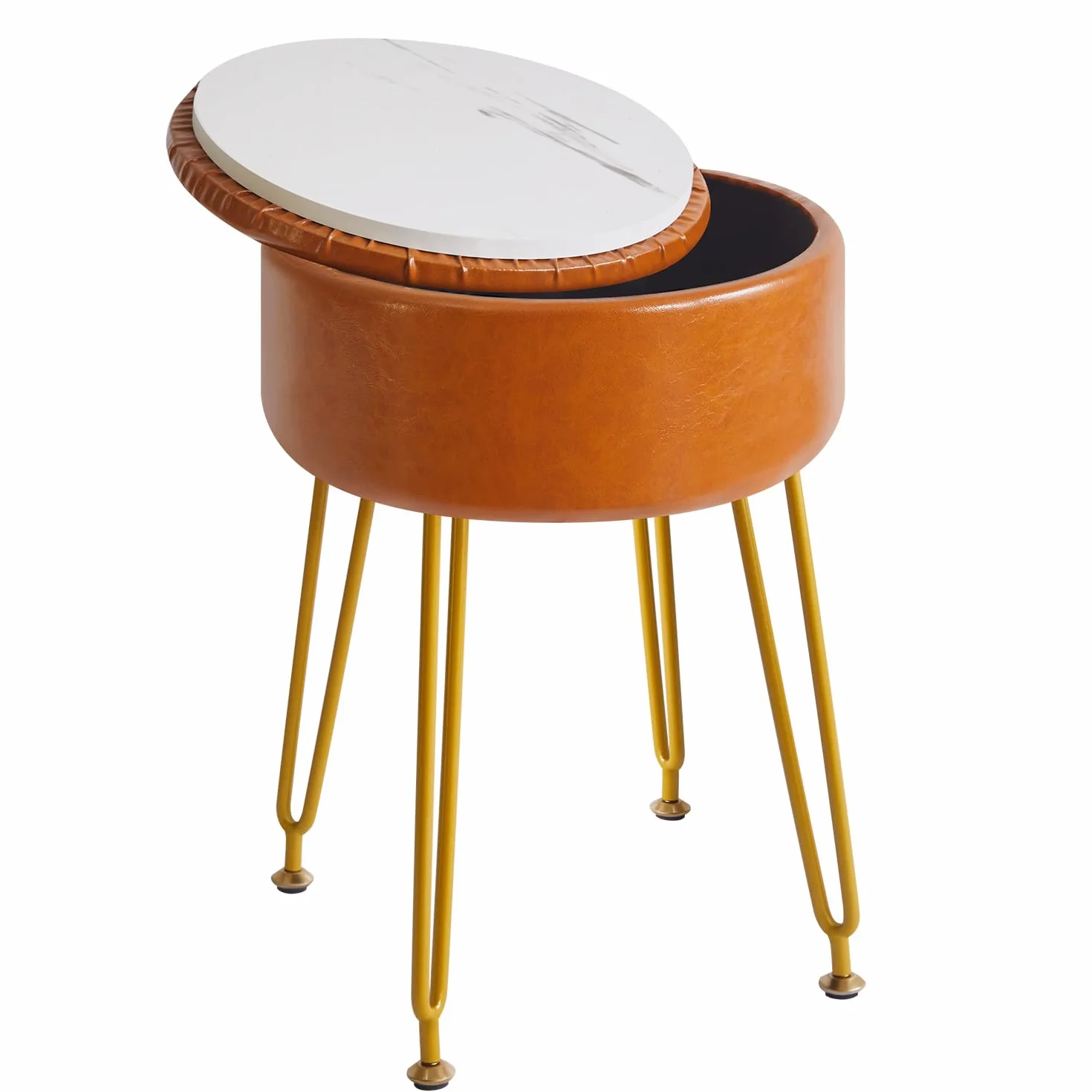 Taberno Redondo de Reposapiés Cuero Falso Almacenamiento Otomano Mesa Lateral Silla Vanidad Maquillaje Asiento Mesa Vestir PU Marrón Claro