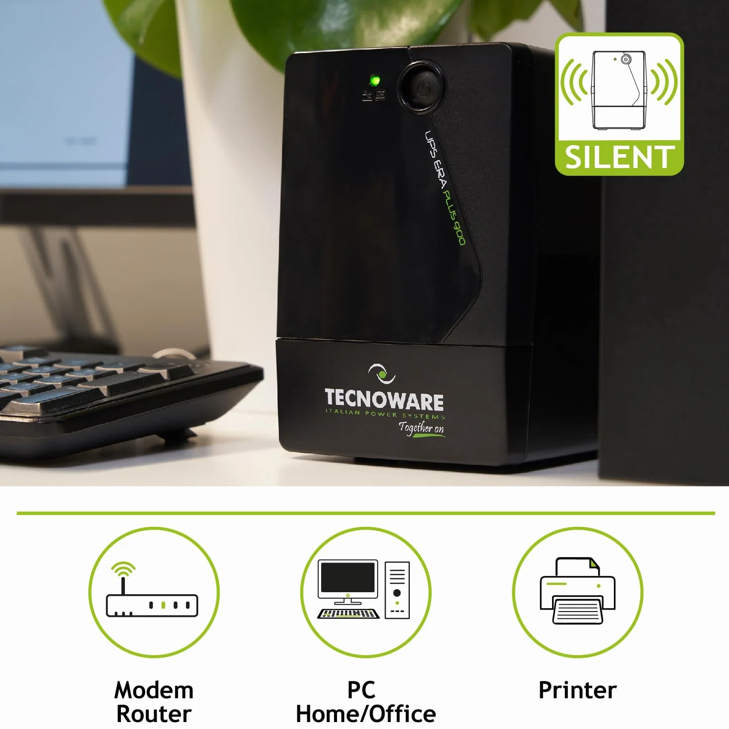 Tecnoware Power Systems UPS 900VA para PC/Modem, NO Gaming/Consola, SAI ERA PLUS, 2 Schuko, protege de apagones y picos de tensión PC, módem, videovigilancia, TPV, NAS, POS