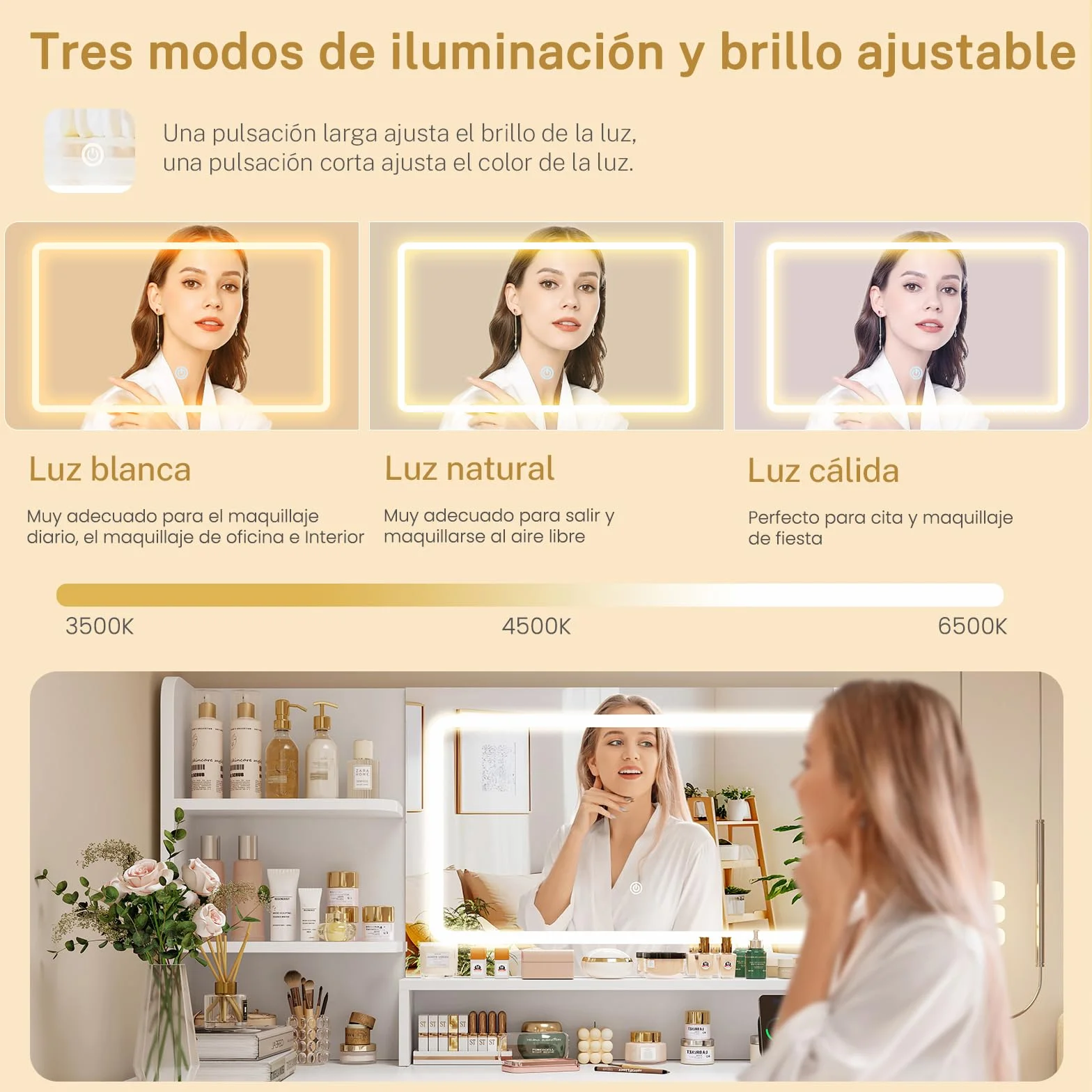 TEENFON Tocador de Maquillaje con Luz LED y Espejo, Cajones y Estantes, Mesa con Enchufes, Blanco, 5 Cajones