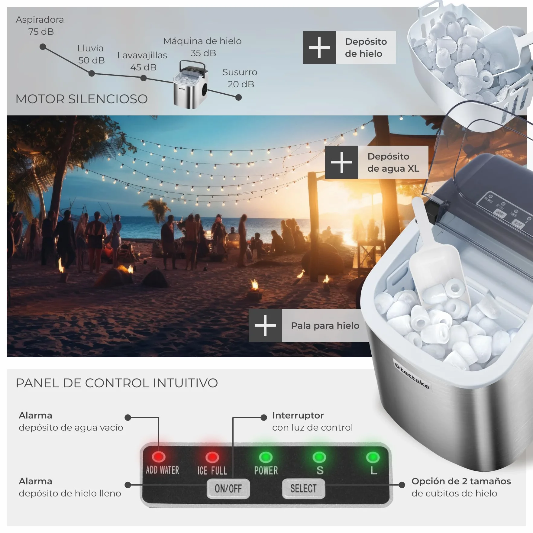 Tectake Máquina de Hielo Portátil 1,2 L Acero Inoxidable plateado