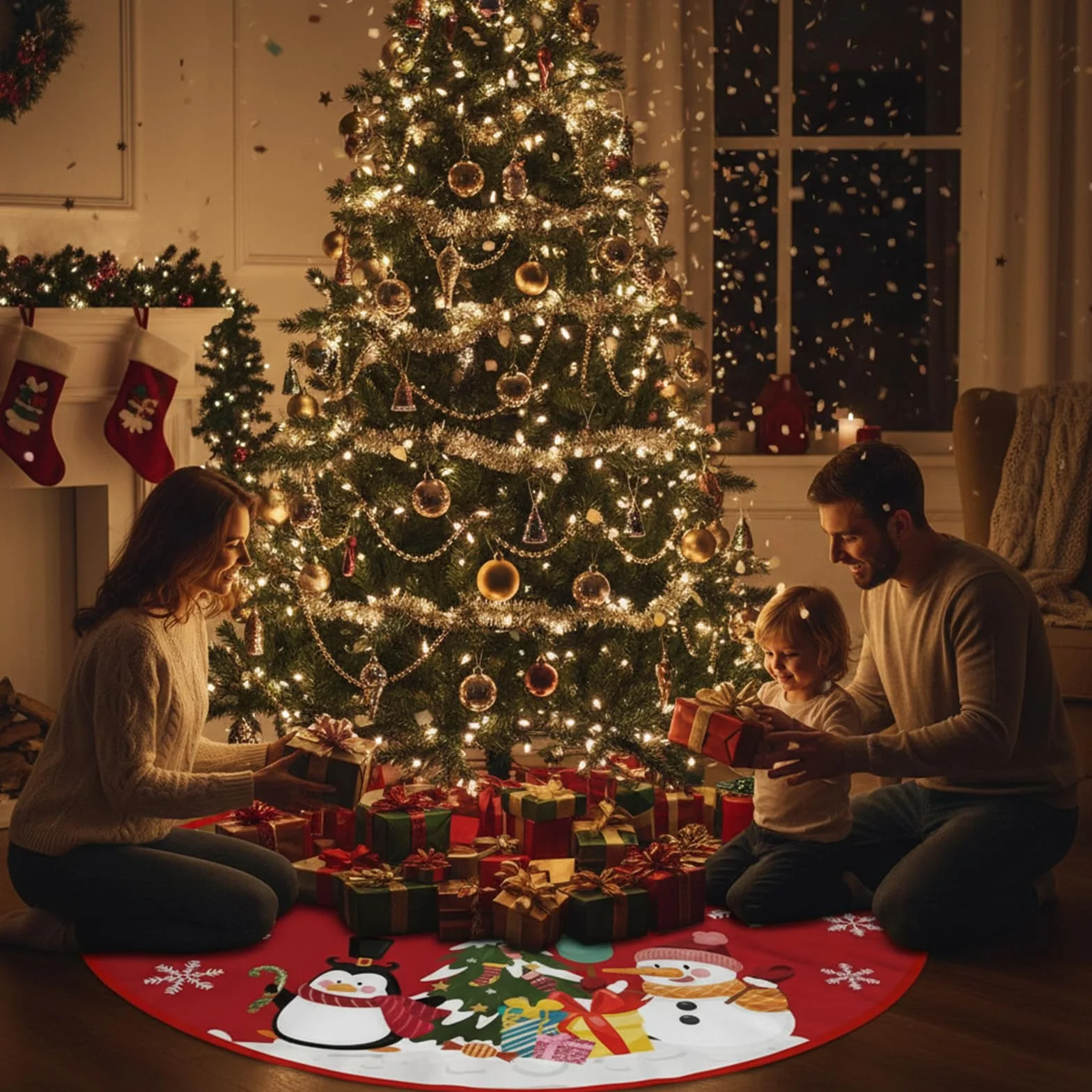 Manta para Árbol de 90cm Cubre Pie y Base Roja Muñeco de Nieve Decoración Navidad