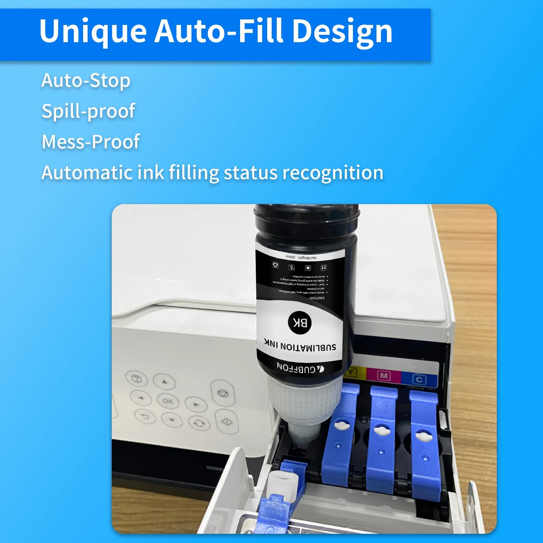 Tinta de sublimación para impresoras Ecotank ET-8550 ET-8500 de formato ancho Supertank, transferencia de prensa de calor en vasos de camiseta (6 x 100 ml BK PB C M Y GY), llenado automático