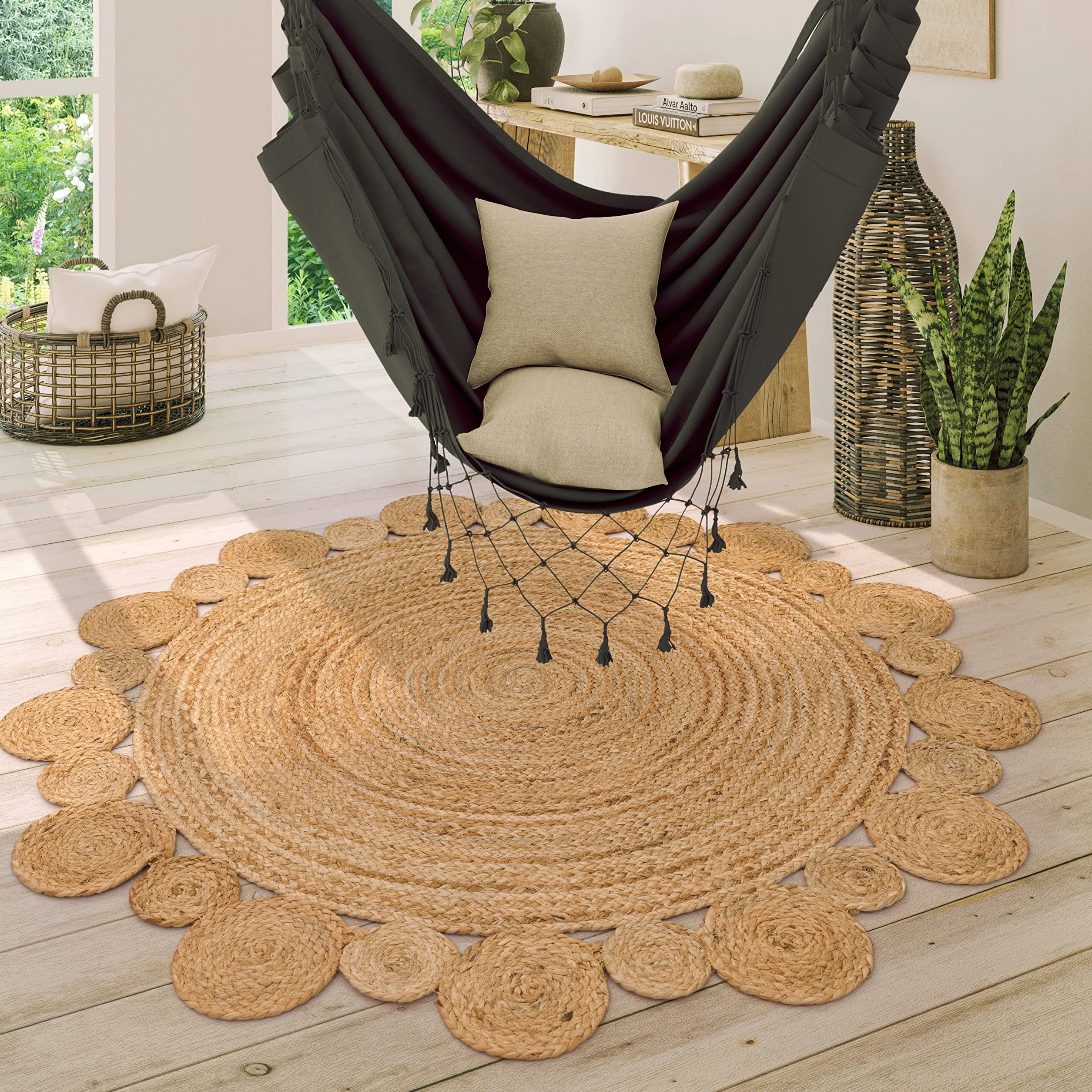 Paco Home Alfombra Redonda Salón Yute Boho Motivo Étnico Moderno Hecha A Mano Natural, tamaño:Ø 160 cm Redon, Color:Naturaleza 2